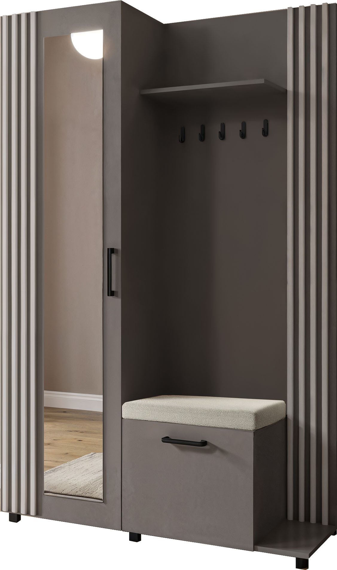 WFL GROUP Kompaktgarderobe Linaro Flurgarderobe mit Spiegel, Sitzbank, Haken & Schuhablage (137 cm Breit) Garderobenschrank Links oder Rechts, Flurgarderobe für Diele & Eingang