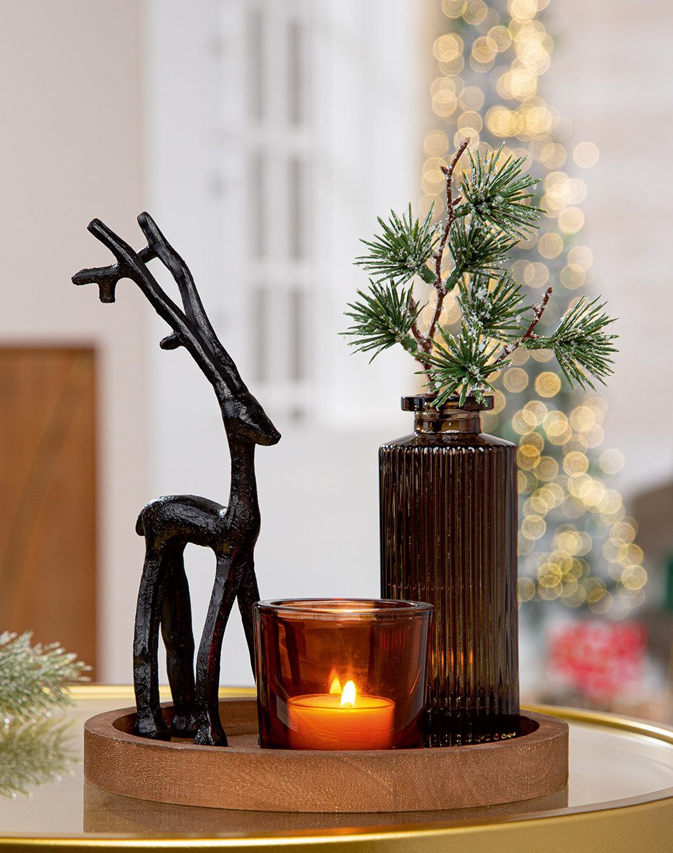MF Teelichthalter mit Tablett Deko Ensemble Black Deer Winterzauber rund Glas Hirsch Weihnachtsdeko (1 St)