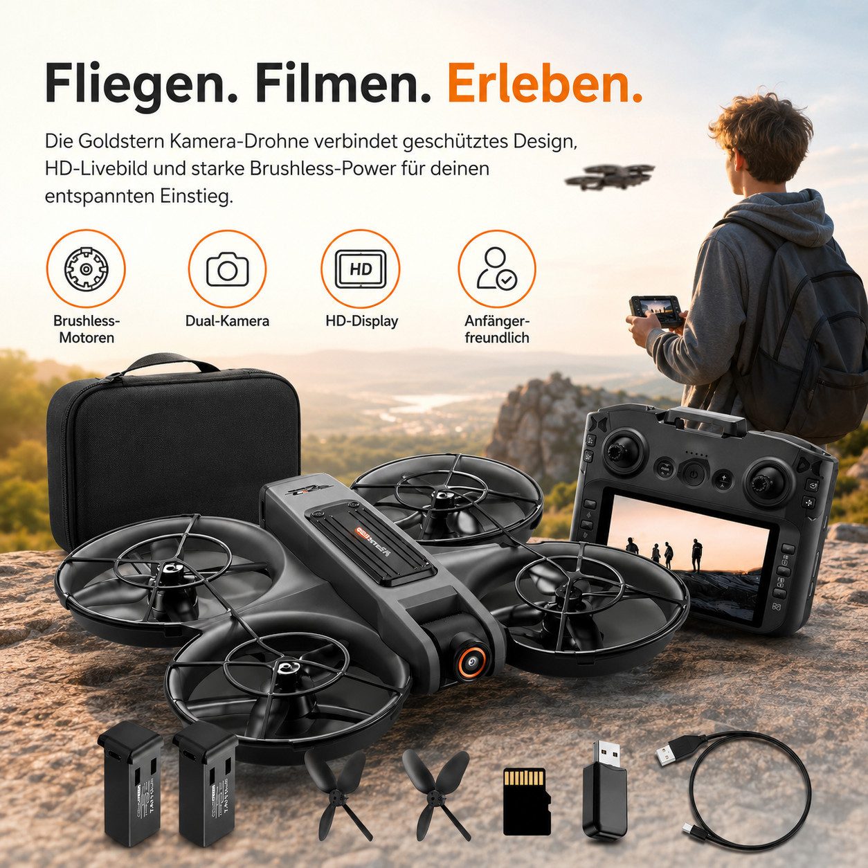 Goldstern-Tech RC-Quadrocopter Drohne (mit 12,5-cm Full-HD Display-Fernsteuerung bis 60min Flugzeit, komplett geschütztem Propellerdesign inkl. 8GB SD-Karte), Dualkamera mit 90° Winkel & 50x Zoom, Optical-Flow, Brushless-Motoren