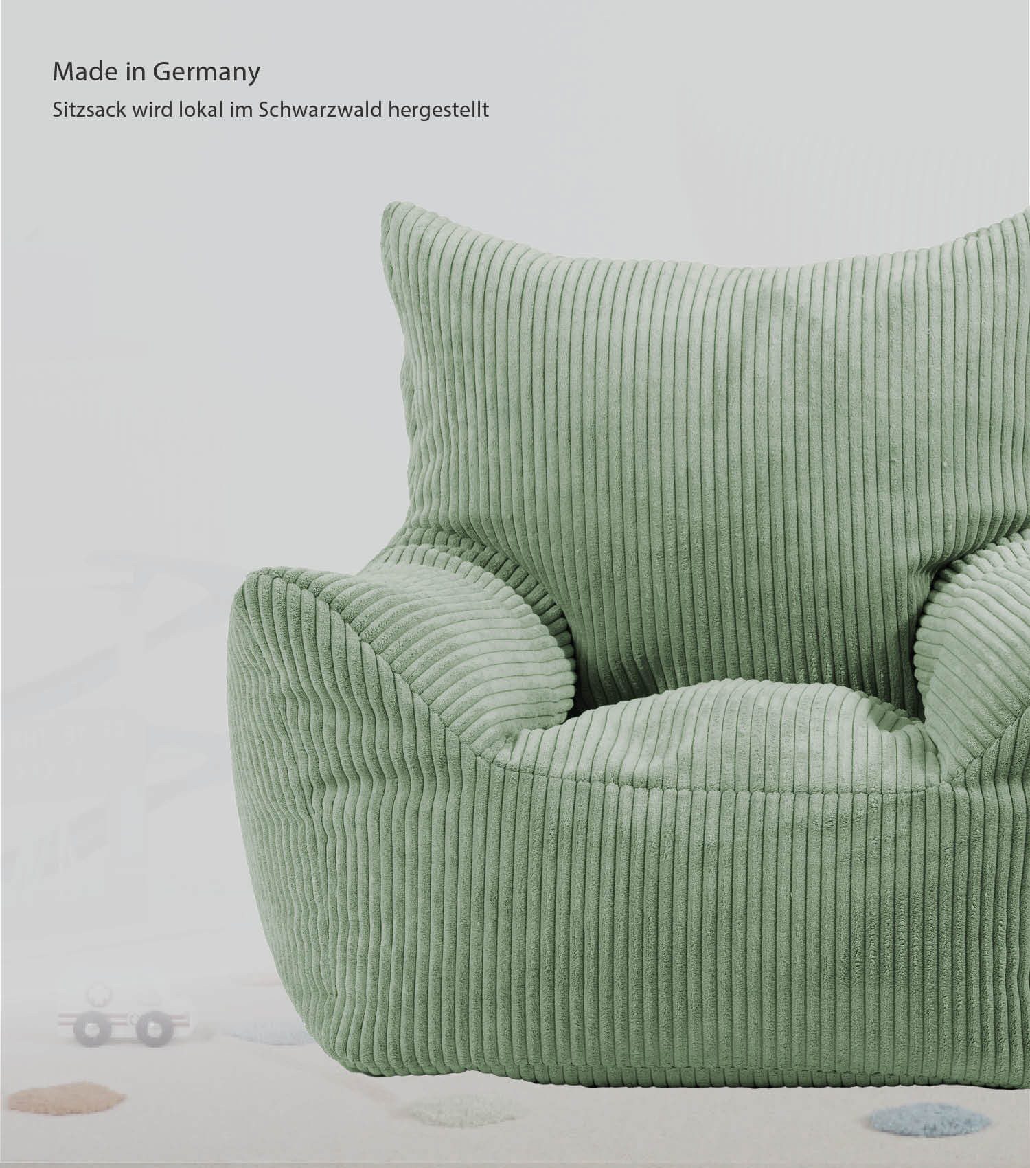 mokebo Kindersessel Der Pausenheld (aus Cord Stoff Grün), Made in Germany, Kinder Sitzsack, Cord, Lesesessel in Salbei Grün