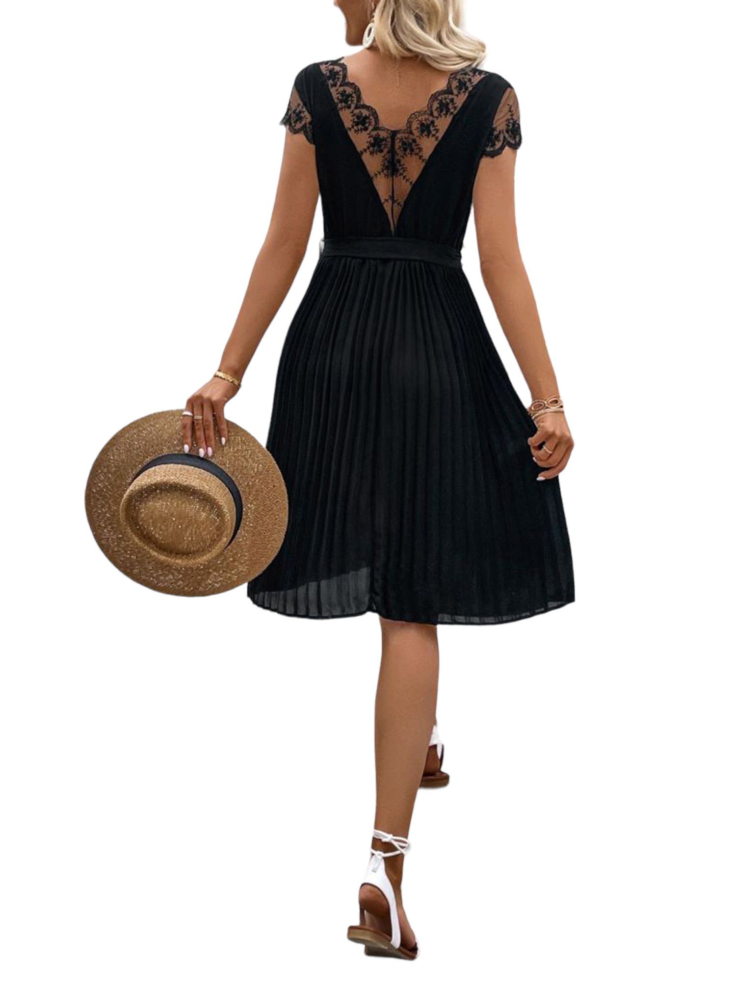 PYL A-Linien-Kleid Damen Elegant Pleated A-Linien-Kleid mit Tiefer V-Rücken  36-42 Größe