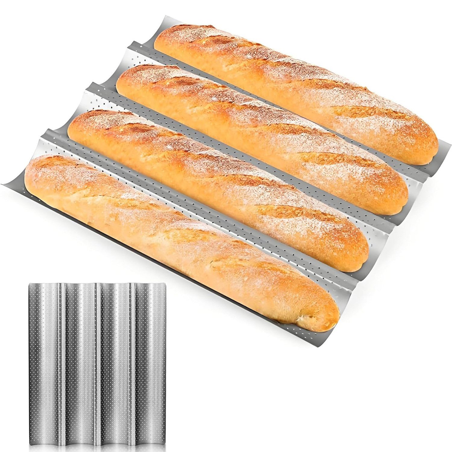Refined Living Baguetteblech Baguette-Backblech für 4 Brote Antihaft Baguette Backform Brotbackform, (Perforierte Antihaftbeschichtung Blechpfanne Hitzebeständig bis 230°C, 1-St., französisches und italienisches Brot, Tabletts zum Backen von Laibbrot), 38 x 33 cm Brot Backen Zubehör Geschenke für Halloween und Weihnachten
