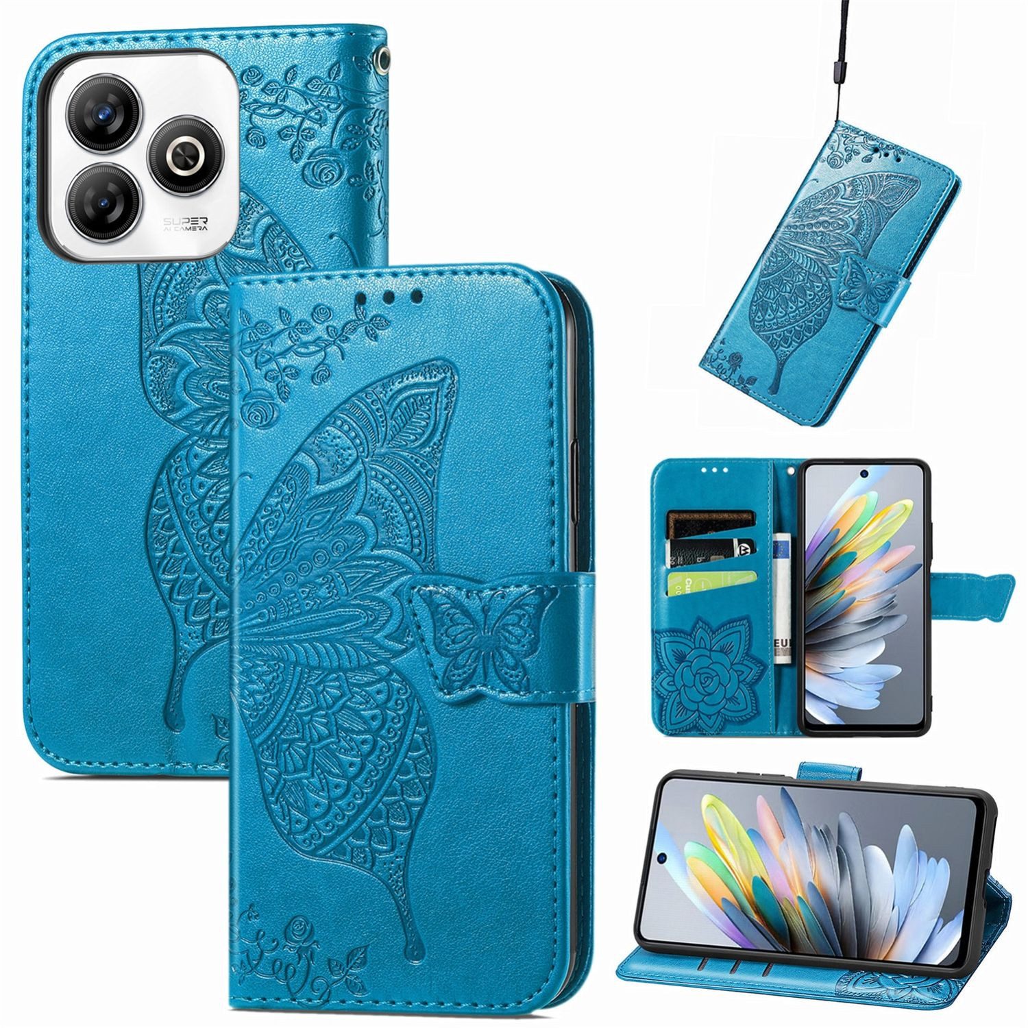Wigento Smartphone-Hülle Für ZTE Blade A75 4G Kunstleder Schmetterling Wallet Hülle Tasche Blau, Kunst-Leder Schutzhülle Smart Case Cover magnetischer Verschluss
