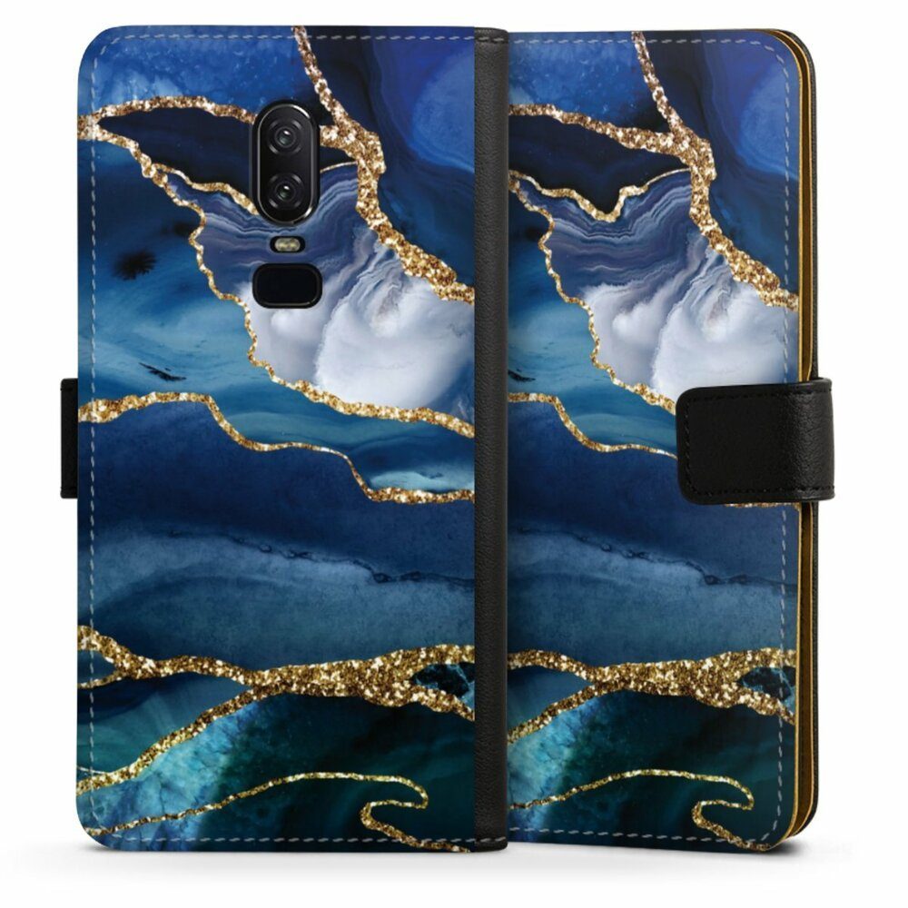 DeinDesign Handyhülle Blue Marble Gold Glitter Look, Hülle, Handy Flip Case, Wallet Cover, Handytasche Leder Marmor Blau Gold & Kupfer