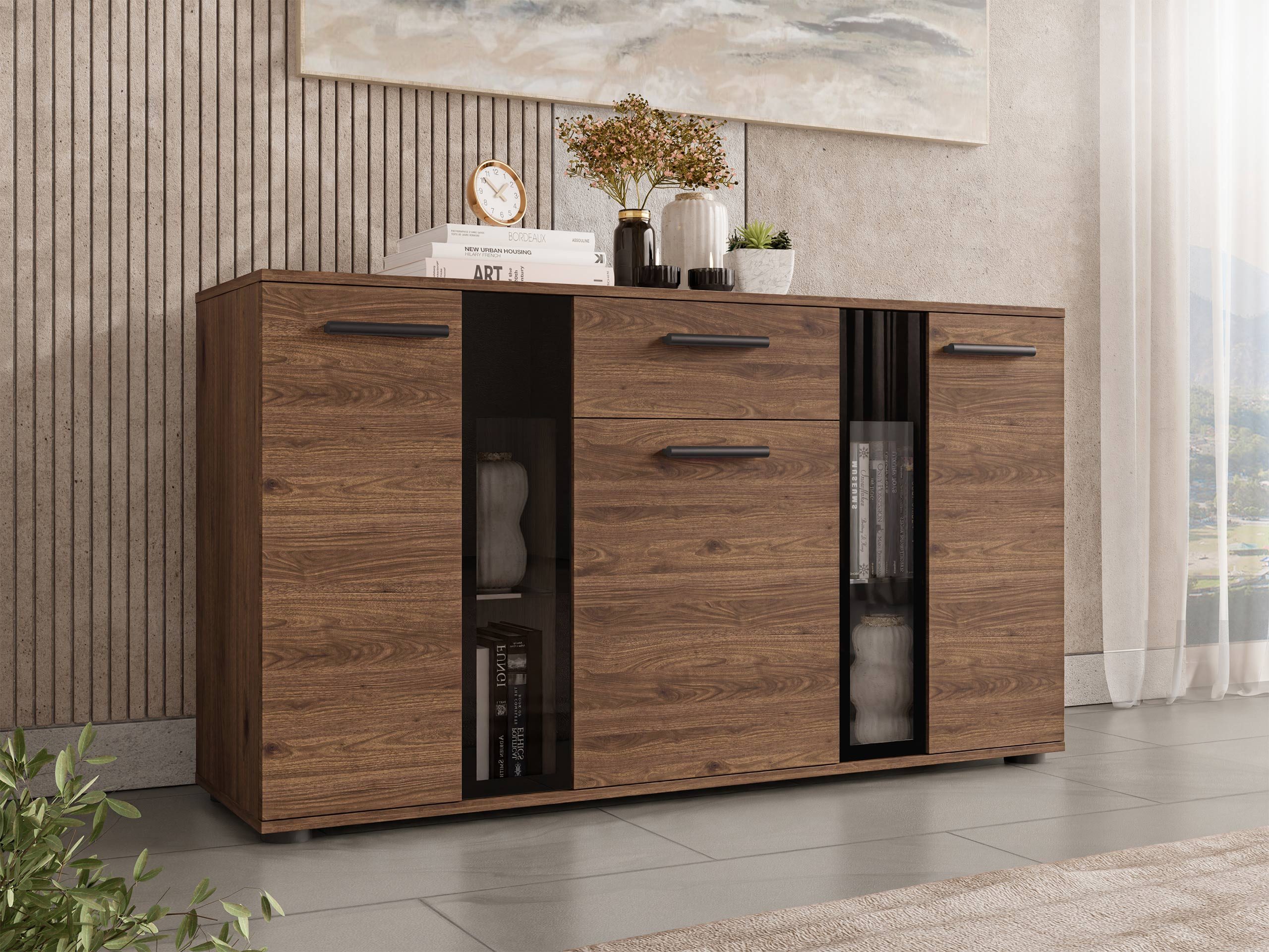 MIRJAN24 Kommode Salsa (mit 3 Türen und Schublade), mit Glasregale, LED-Beleuchtung als Option