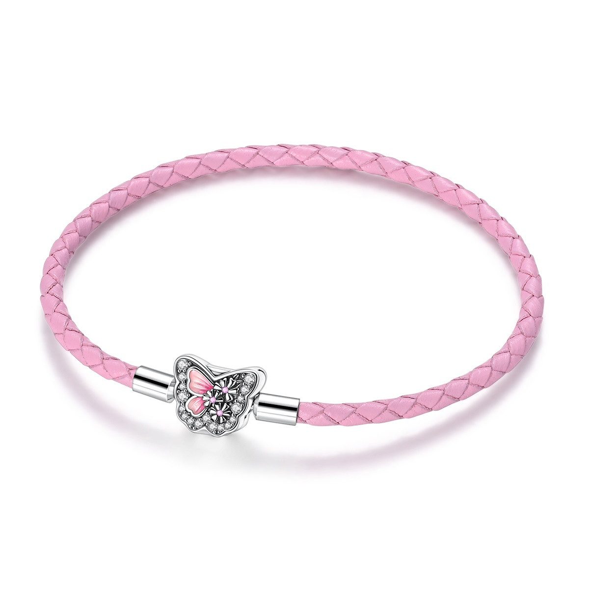 PANDACHARMS Charm-Armband Rosa Leder Charm Armband Schmetterling, 16-21cm, Verschluss aus Silber