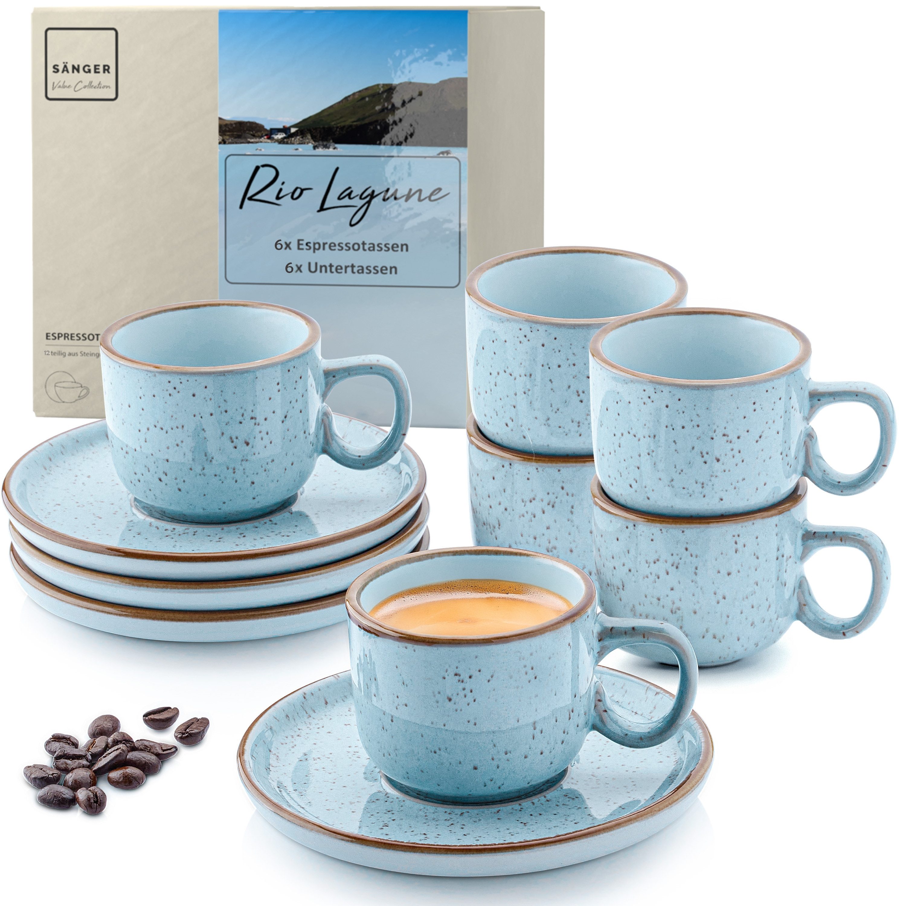 SÄNGER Espressotasse Set 12 tlg. Rio, 12-tlg., Steingut, Lagune, Blau, 80 ml, VALUE COLLECTION