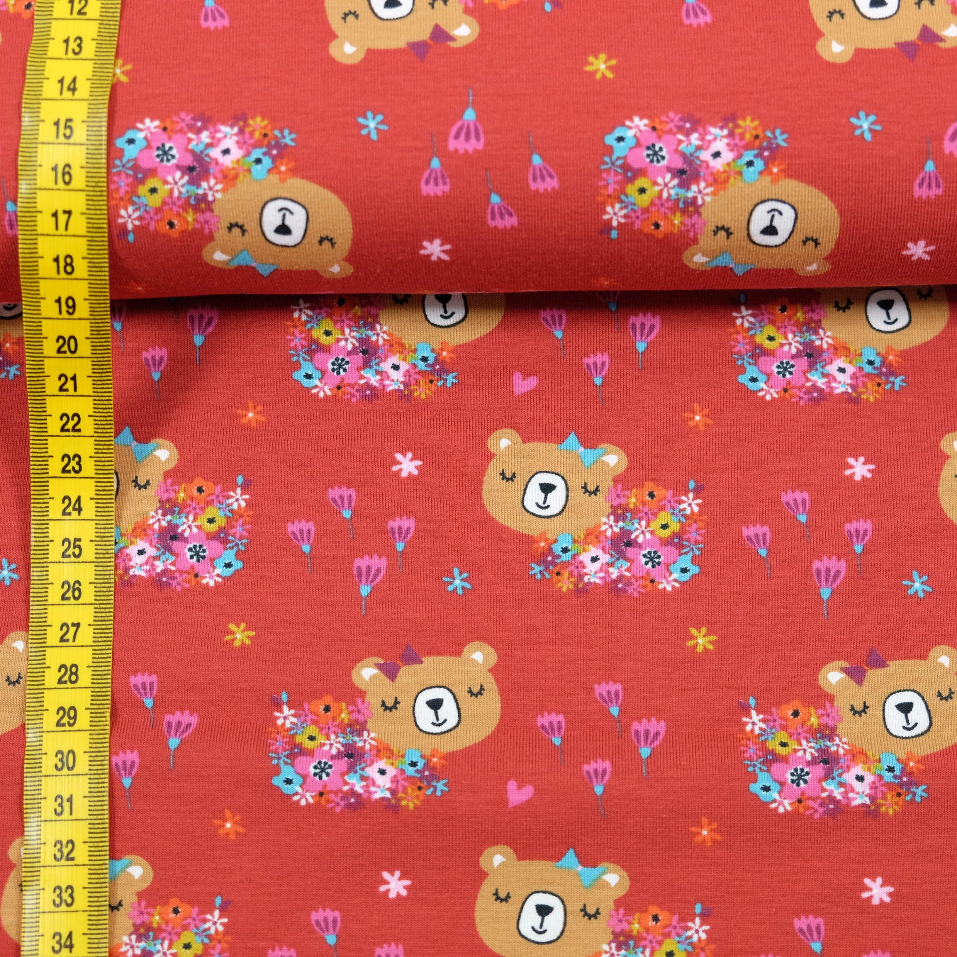 larissastoffe Stoff Jersey Stoff Bären Blumen rot, Meterware, 50 cm x 150 cm