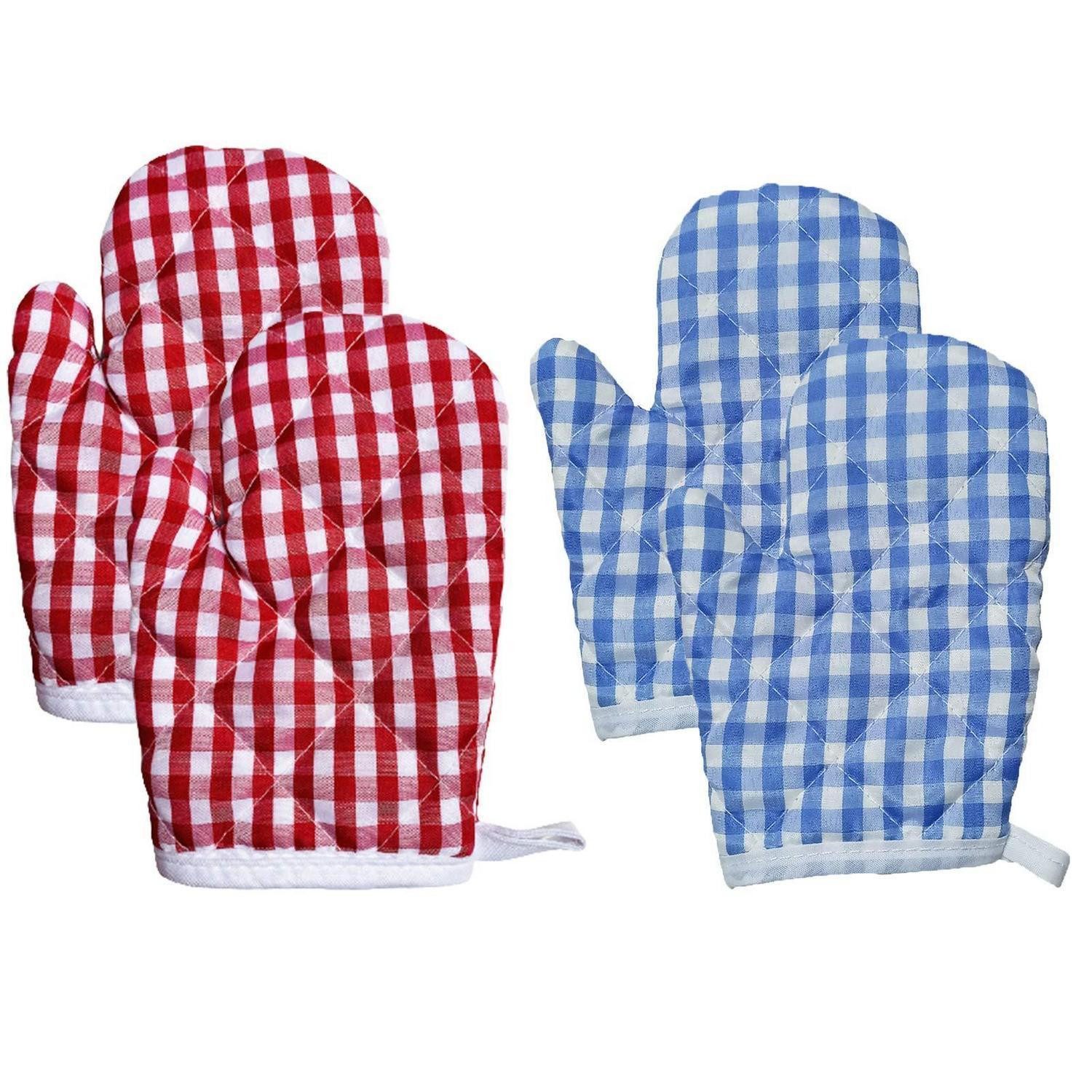 LuxusKollektion Topfhandschuhe Kinder Kochhandschuhe 4er Set Karo Blau Rot