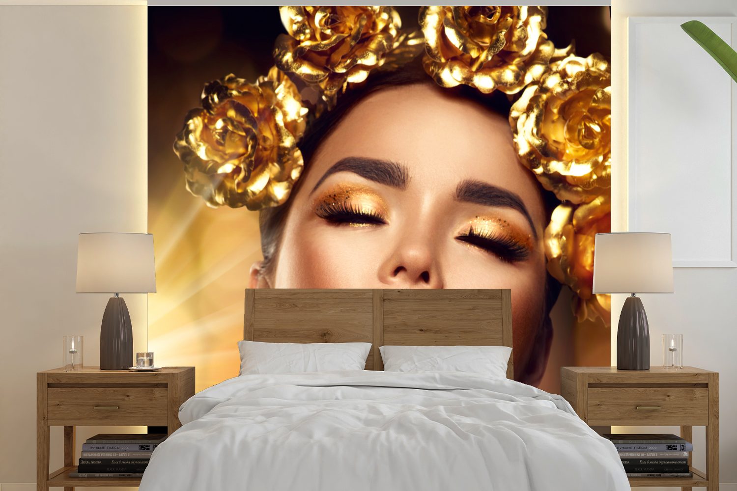 - Gold, Frau oder (5 Wandtapete Schlafzimmer, Rosen bedruckt, MuchoWow Wohnzimmer - Matt, Vinyl St), für Fototapete Tapete