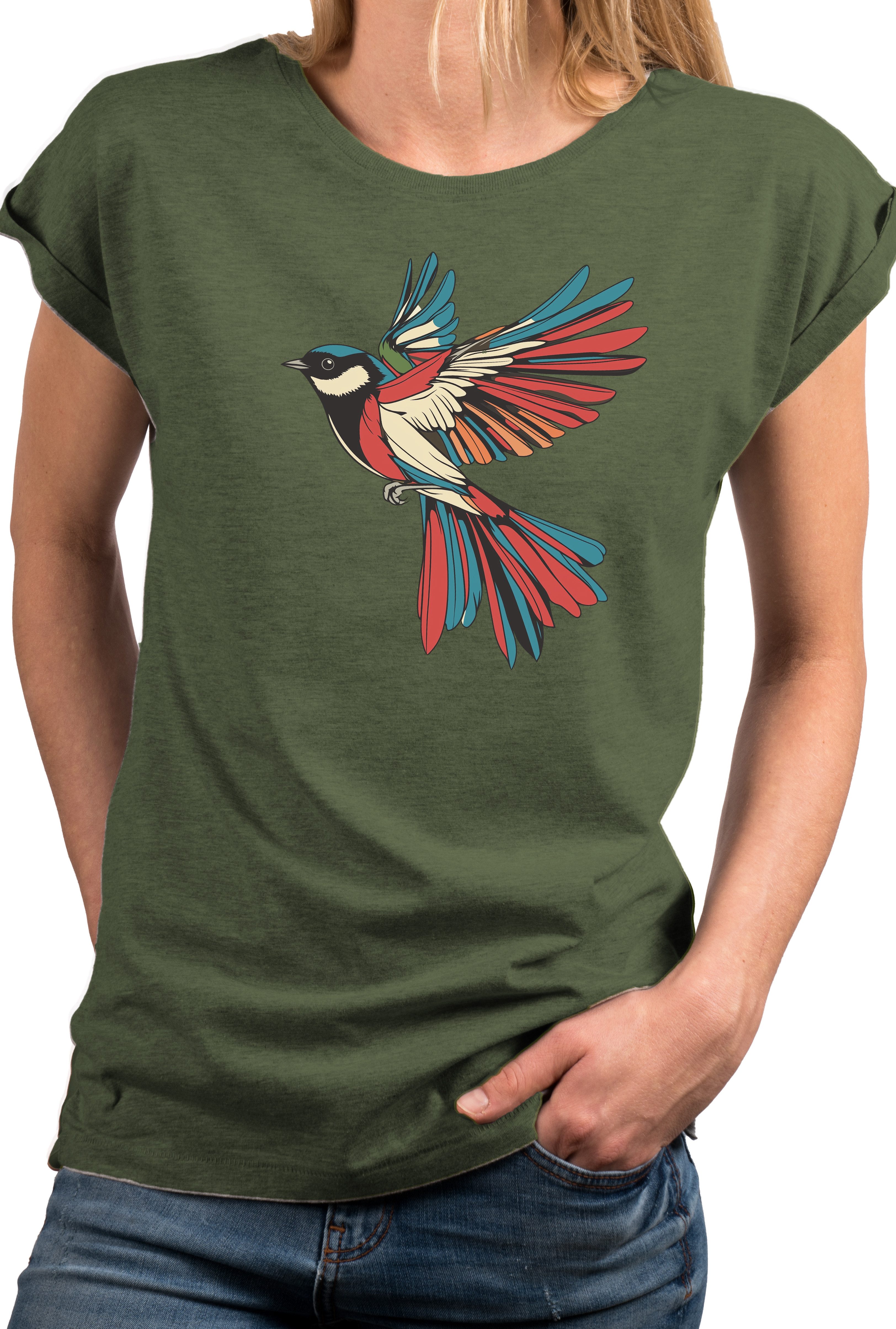 MAKAYA Kurzarmshirt für Frauen mit Vogel günstig online kaufen