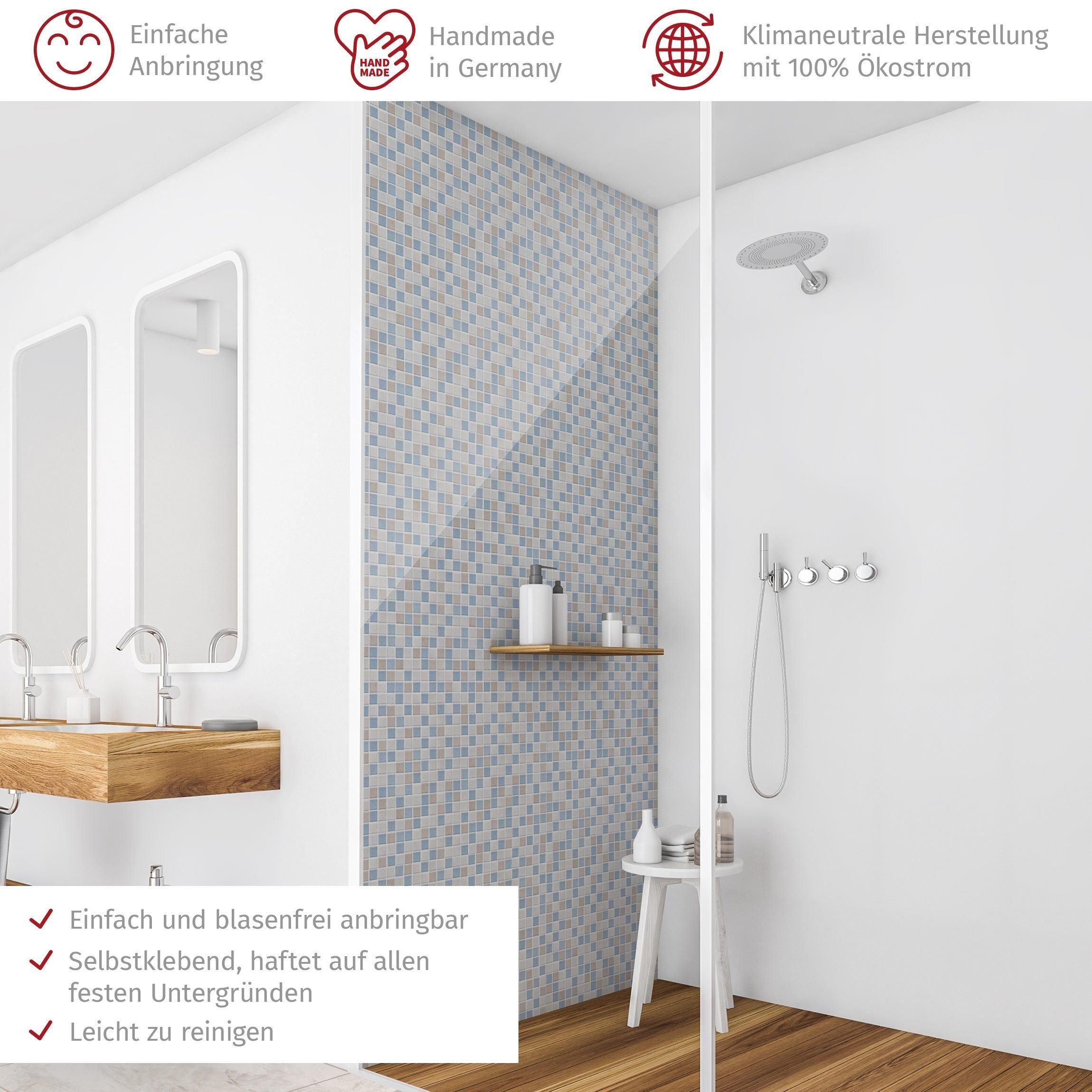Thumbnail - Bilderdepot24 Badrückwand Fliesenoptik blau Duschrückwand ohne Bohren Dusche, (1-tlg., Hart-Folie Smart matt 0,35 mm), f...