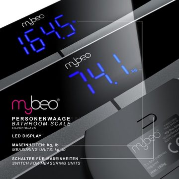 MyBeo Personenwaage, Digitale Glas Körperwaage, Max. 180kg, 4x Mess-Sensoren, LED-Display