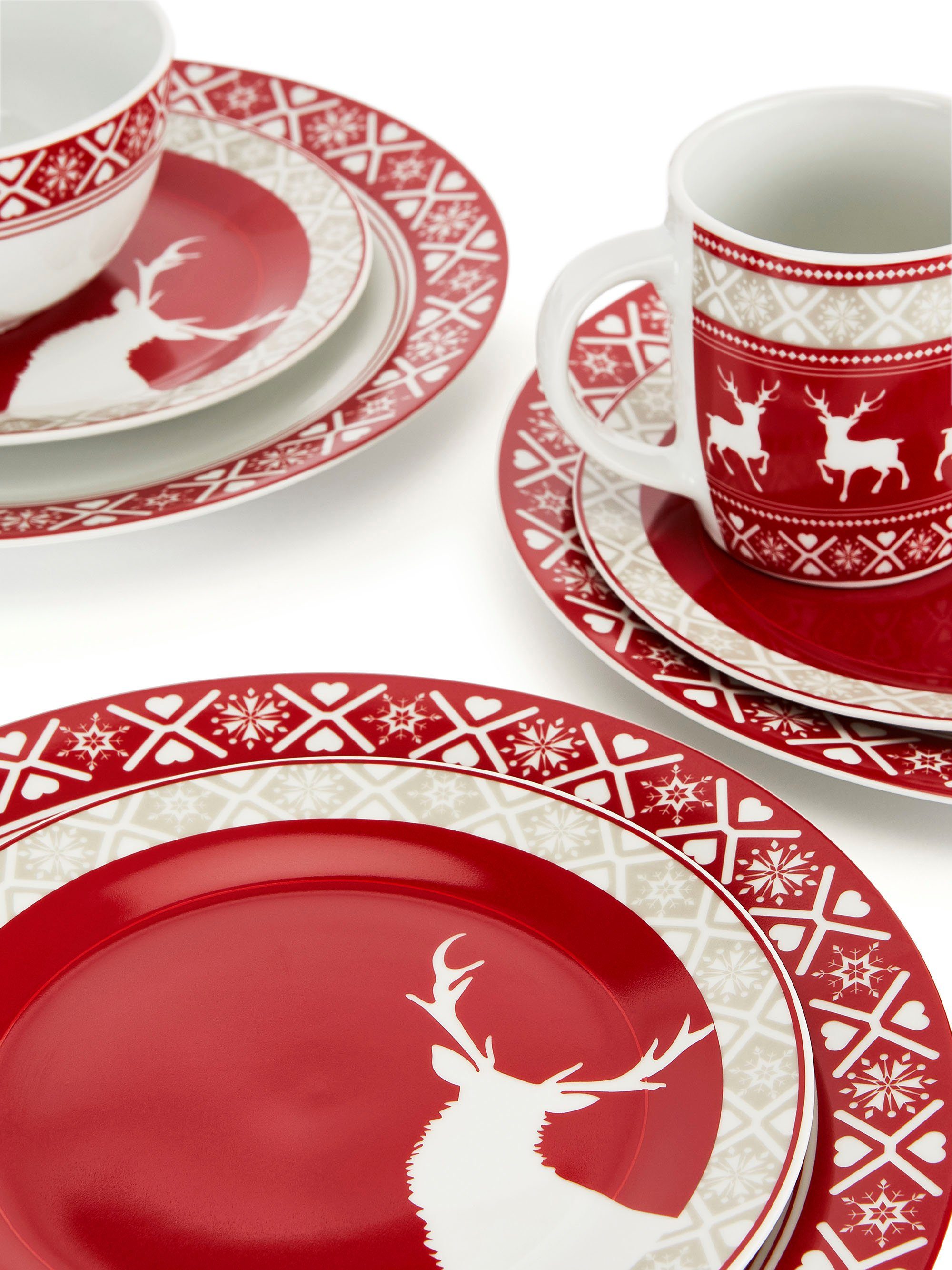 Retsch Arzberg Kombiservice Geschirr-Set, Service Nordic Reindeer, Winter, Advent, Weihnachten (16-tlg), 4 Personen, Porzellan, Rentier-Design, 16 Teile, für 4 Personen