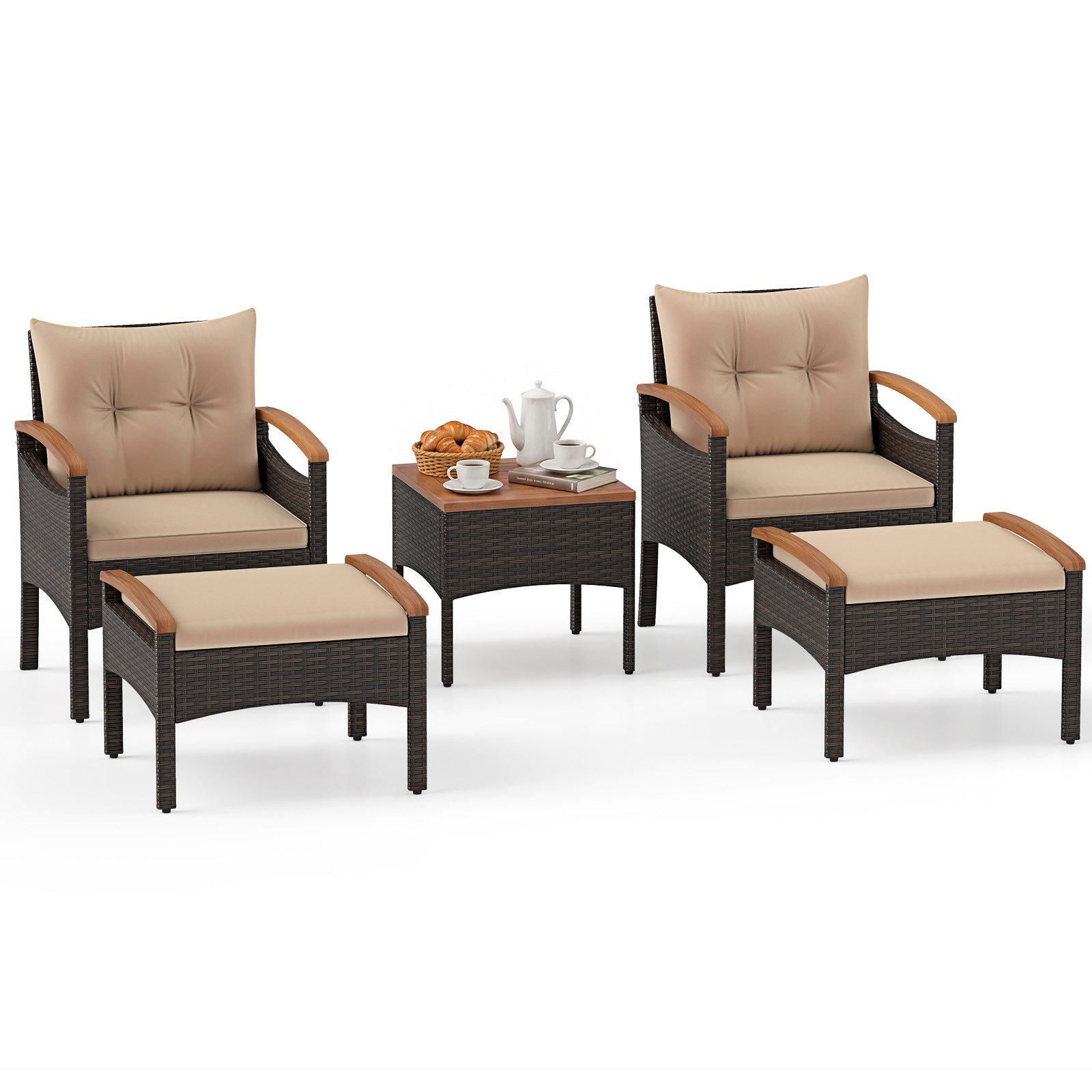 COSTWAY Balkonset Rattan, (5tlg), Akazienholzplatte, mit Kissen, bis 180kg