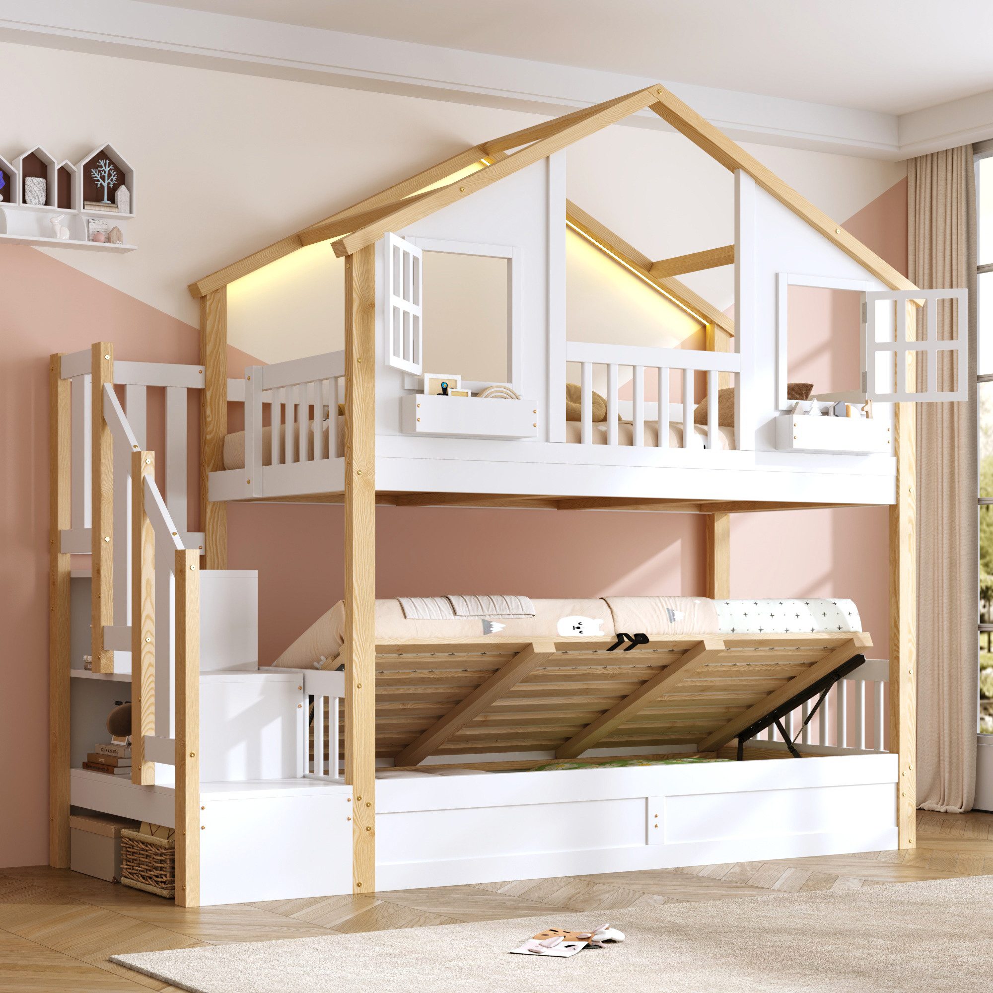 REDOM Etagenbett Mit hydraulischem Unterbett, LED & Stauraumtreppe (Packung, 1-St., 90x200+90x200 cm, Weiß/Natur, Massivholz), Hausbett in Fenster-Form, Hochbett für Kinder(ohne Matratze)