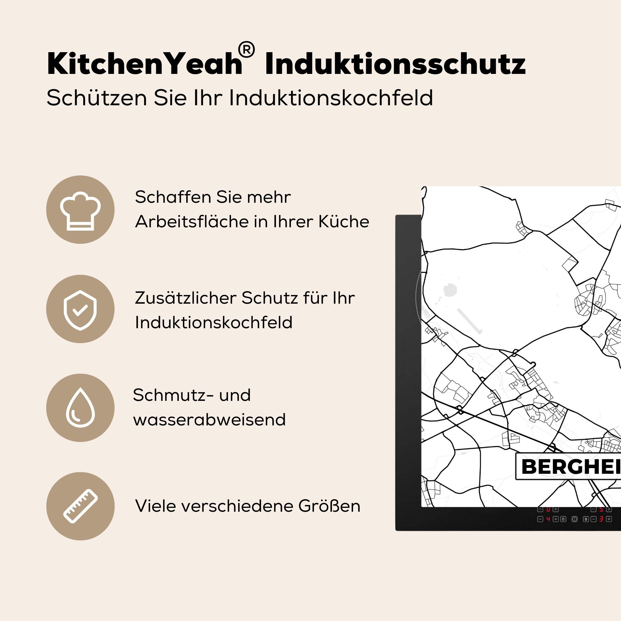 MuchoWow Herdblende-/Abdeckplatte cm, küche von Karte Bergheim 78x78 für Stadtplan, Stadtplan - - Ceranfeldabdeckung, Vinyl, Arbeitsplatte (1 tlg)