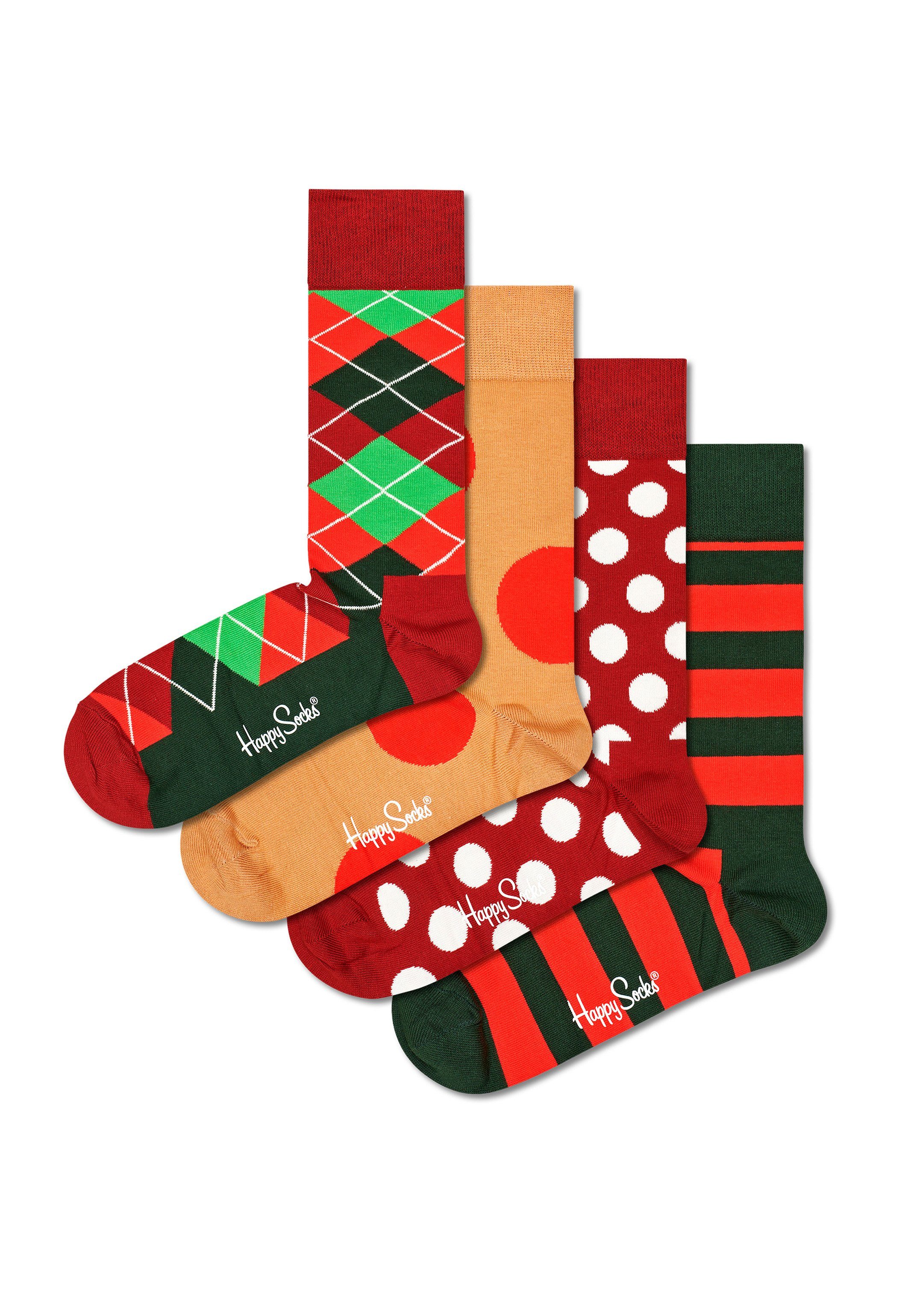 Happy Socks Langsocken Holiday Classics Geschenk Box (Spar-Set, 4-Paar) 4  Paar Socken - Baumwolle - 4 Paar bunte Socken in einer Geschenkbox
