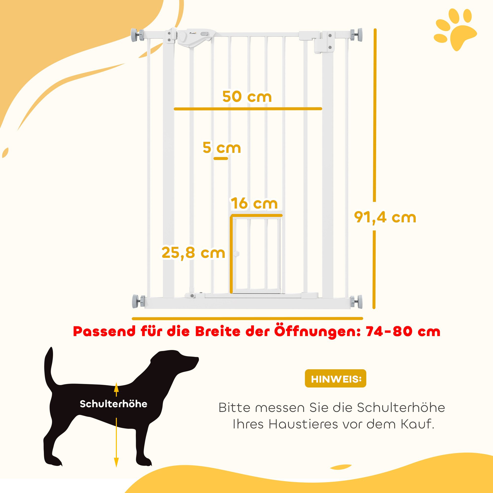 PawHut Hundegitter Türschutzgitter ohne Bohren (Hunde Treppenschutzgitter, 1 St., Schutzgitter für Haustier), Weiß 74-80 x 5 x 91,4 cm