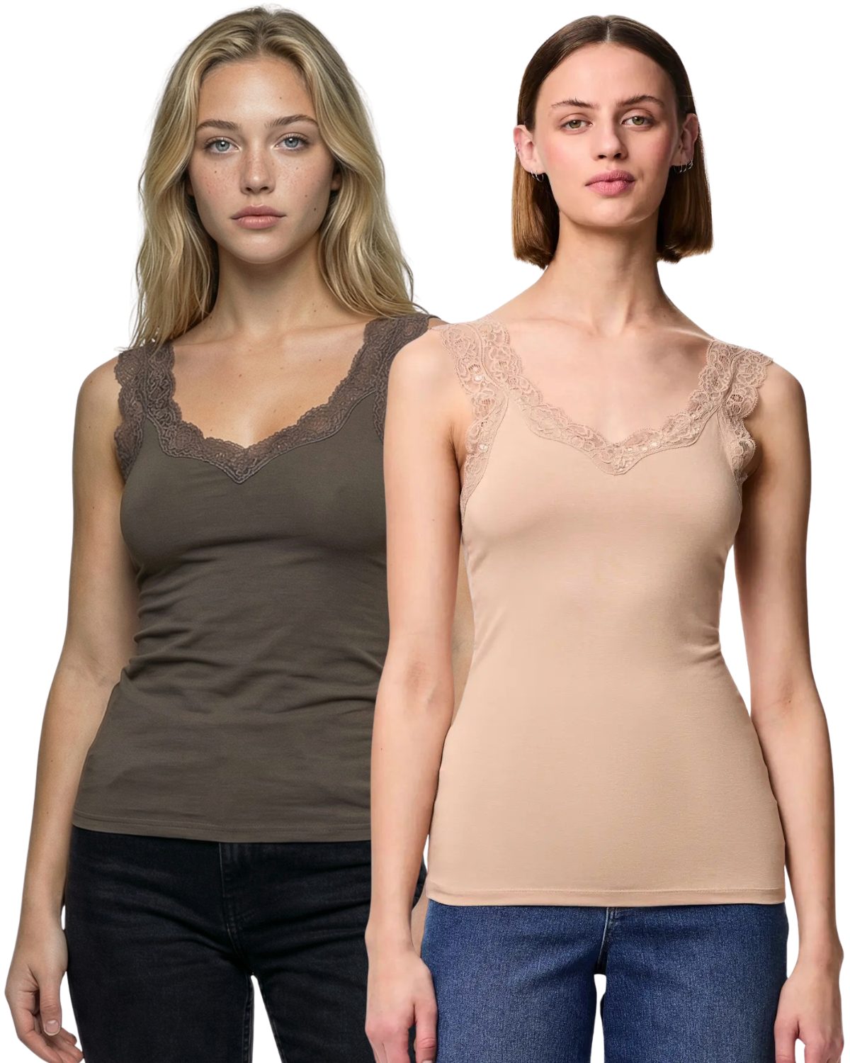 pieces Trägertop (Set, 2er Pack) Damen Tanktop mit feiner Spitzenkante