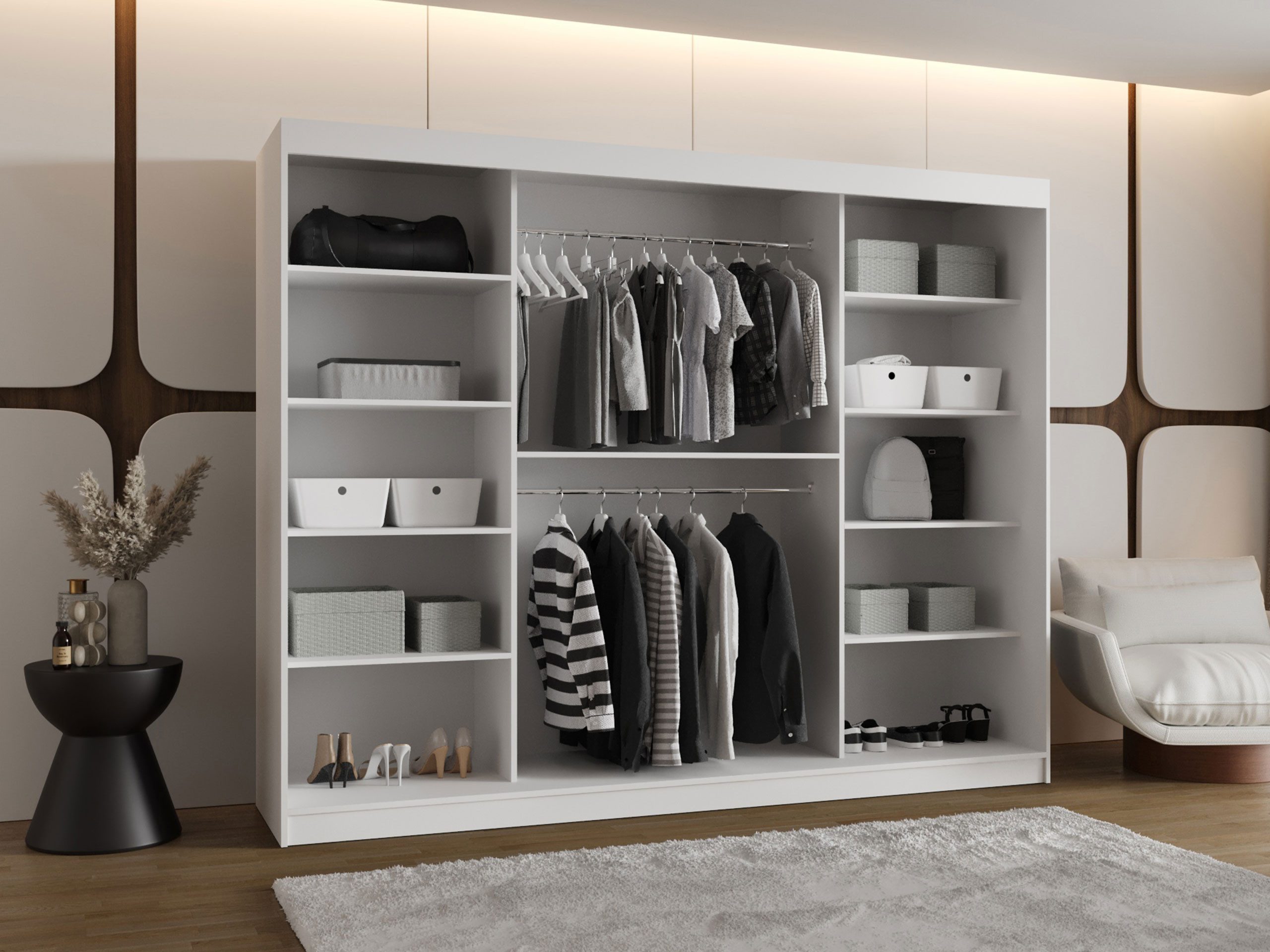 MIRJAN24 Kleiderschrank Selfie 250 cm (mit drei Schiebetüren) 250x62x200 cm, Frontspiegel