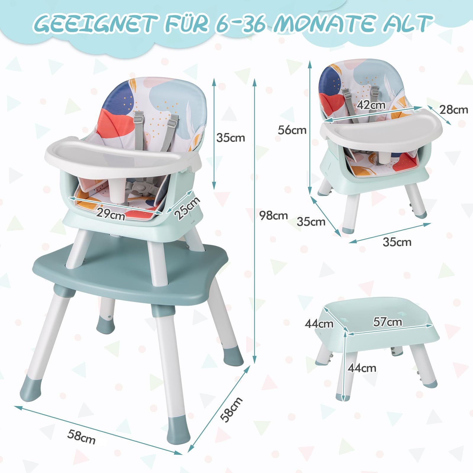 COSTWAY Hochstuhl, 6in1 Kombihochstuhl, Babystuhl, mit Sicherheitsgurt