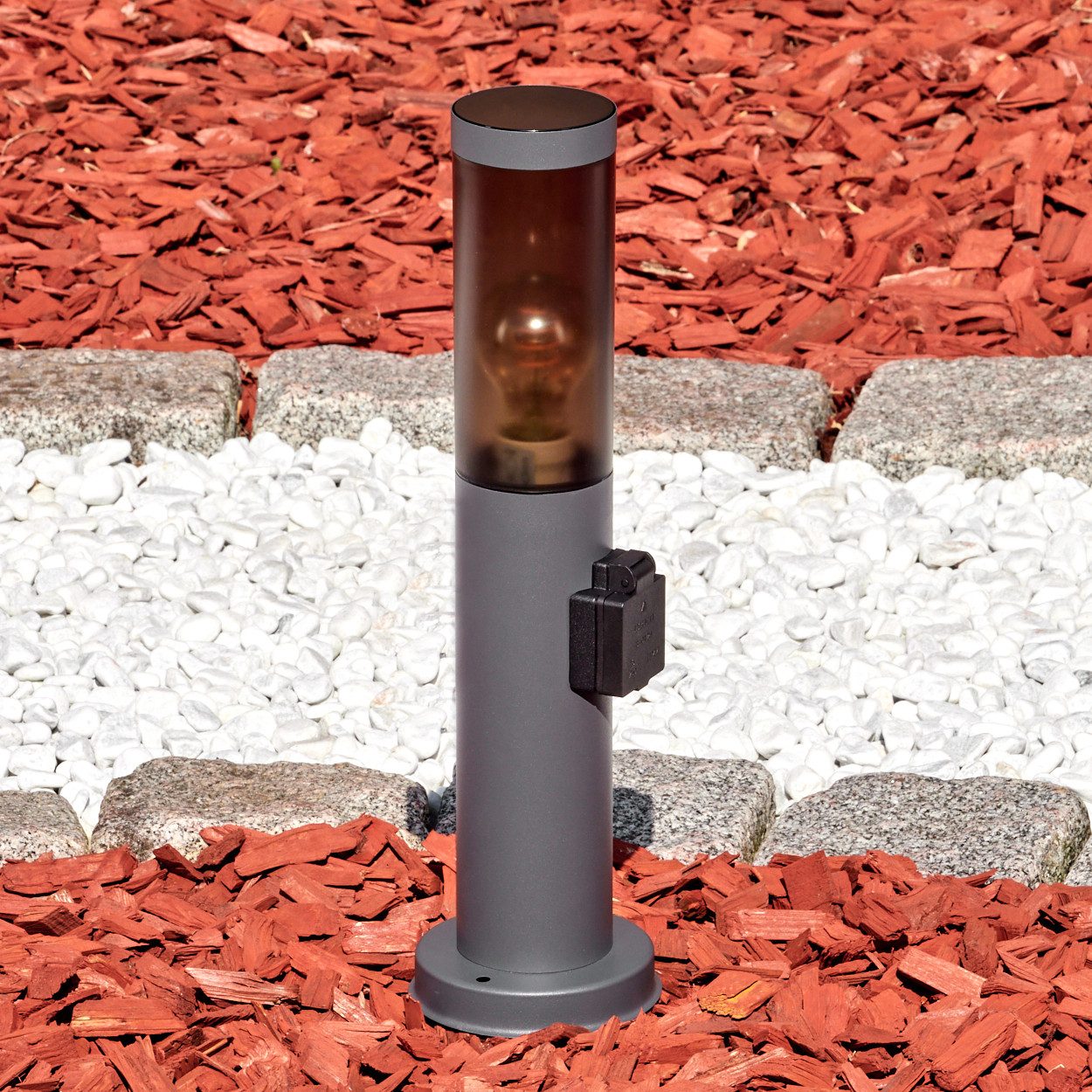 hofstein Pollerleuchte Außenwegeleuchte aus Metall/Kunststoff in Anthrazit/Rauch oder Weiß, ohne Leuchtmittel, moderne Wegeleuchte mit Steckdose, 45,5 cm, E27, IP44
