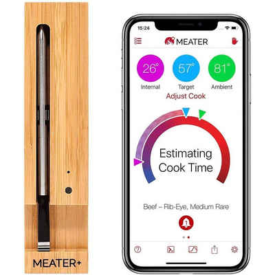Meater Grillthermometer MEATER Plus mit Bluetooth Repeater, 50m Lange Reichweite Kabelloses Fleisch-Thermometer, Ofen, Grill, Küche, BBQ, Smoker, Rotisserie, Bluetooth, WiFi, Smartphone, Tablet, App, Digital Connectivity, silber