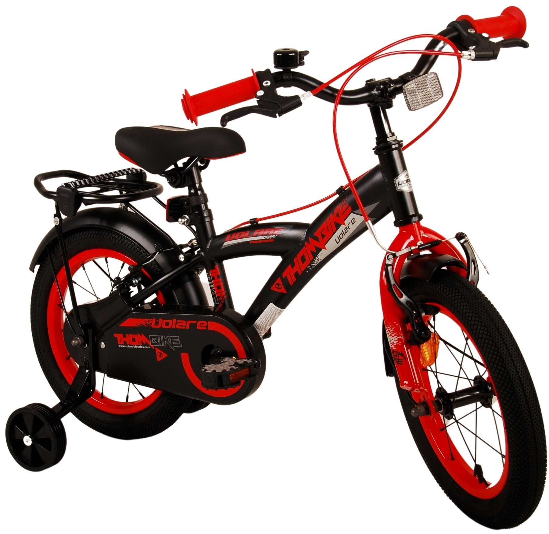 Volare Kinderfahrrad Thombike - 12 oder 14 Zoll - Zweihandbremsen - bis 60 kg, 85% zusammengebaut, 3 - 5 Jahre, Lenkerhöhe einstellbar schwarz-rot