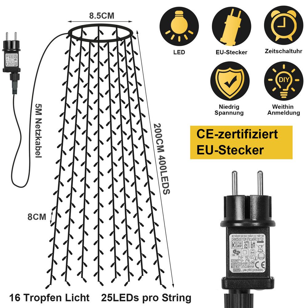 Rosnek LED-Lichterkette 31V, 16 Stränge, 8 Modi, Timer, Speicherfunktion, für Weihnachtsbaum, 400-flammig, Dachgarten Deko, 1.75/3M, 400/480LEDs