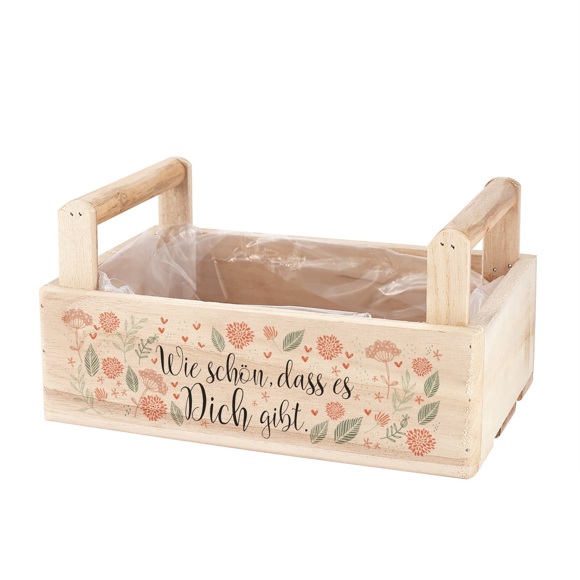 Herz & Heim Geschenkbox Präsentkorb "Wie schön, dass es Dich gibt" - Geschenkkorb aus Holz, 2 Griffe, mit Folie ausgekleidet
