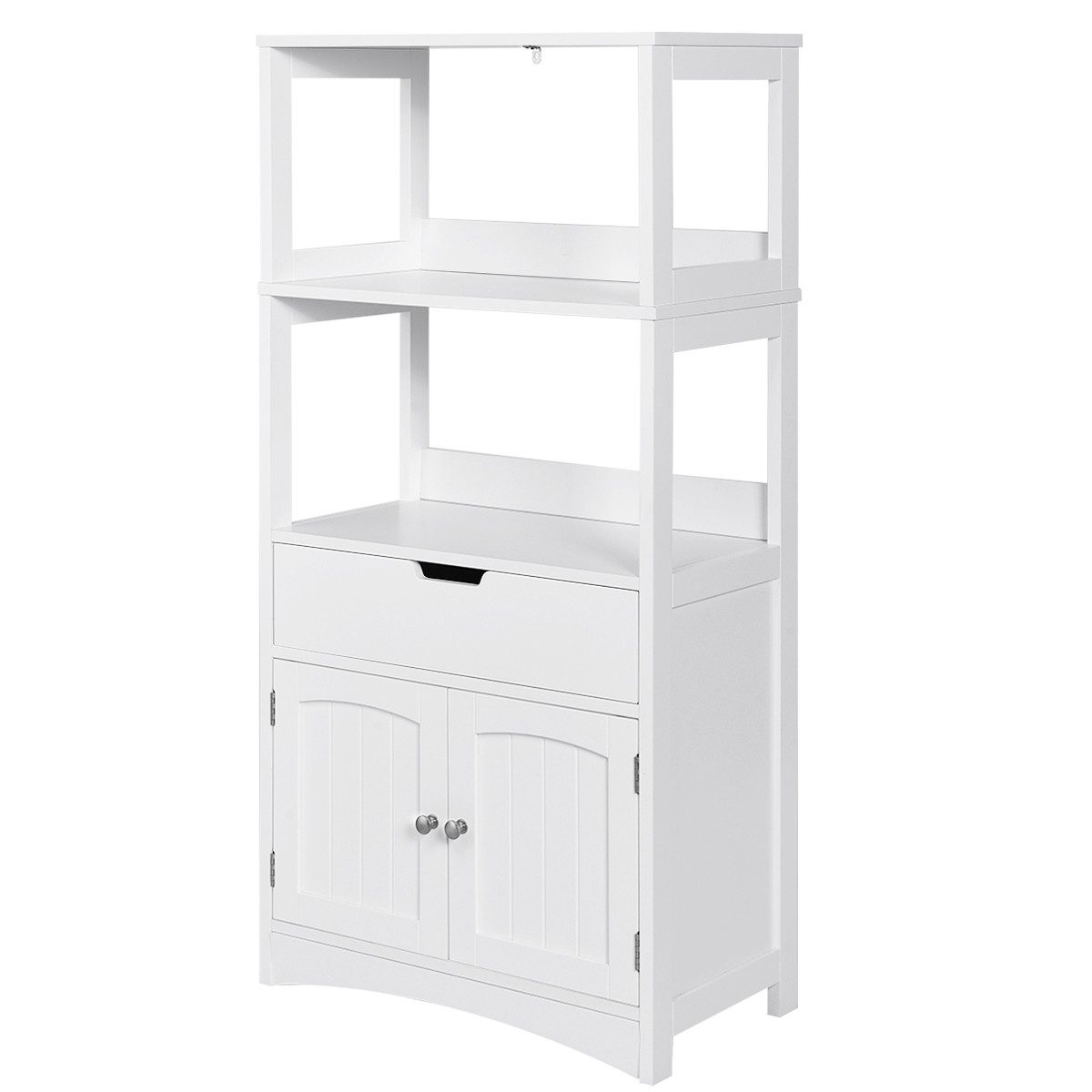 COSTWAY Aufbewahrungsschrank Mit Schublade, Unterschrank Mit 2 Offenen Regalen Und Tuerschrank, Badschank Freistehend, Badkommode Weiss