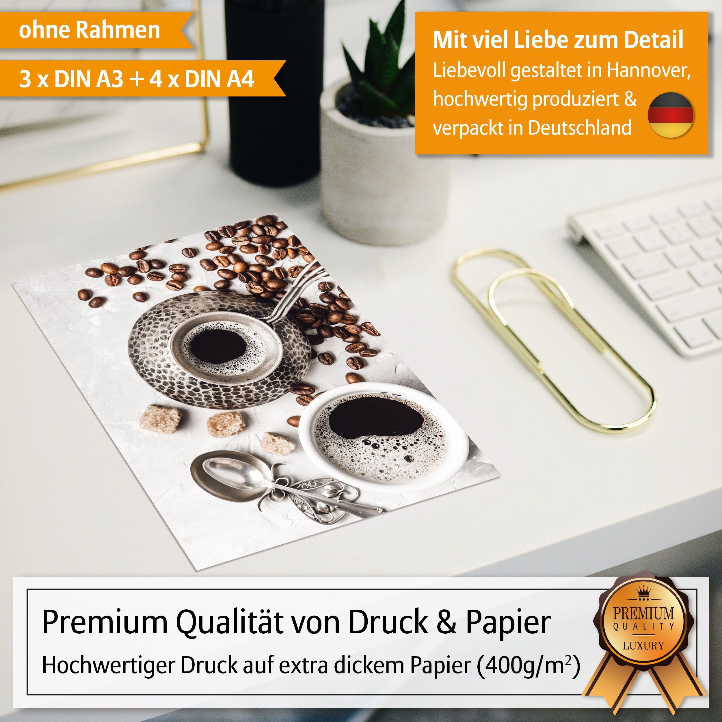 Hyggelig Home Poster Kaffee & Muffins, Premium Poster Set OHNE & MIT Rahmen - 7 Wandbilder, Essen (Set, 7 St), Collage Coffee Lover, Qualitätsdruck dickes Papier
