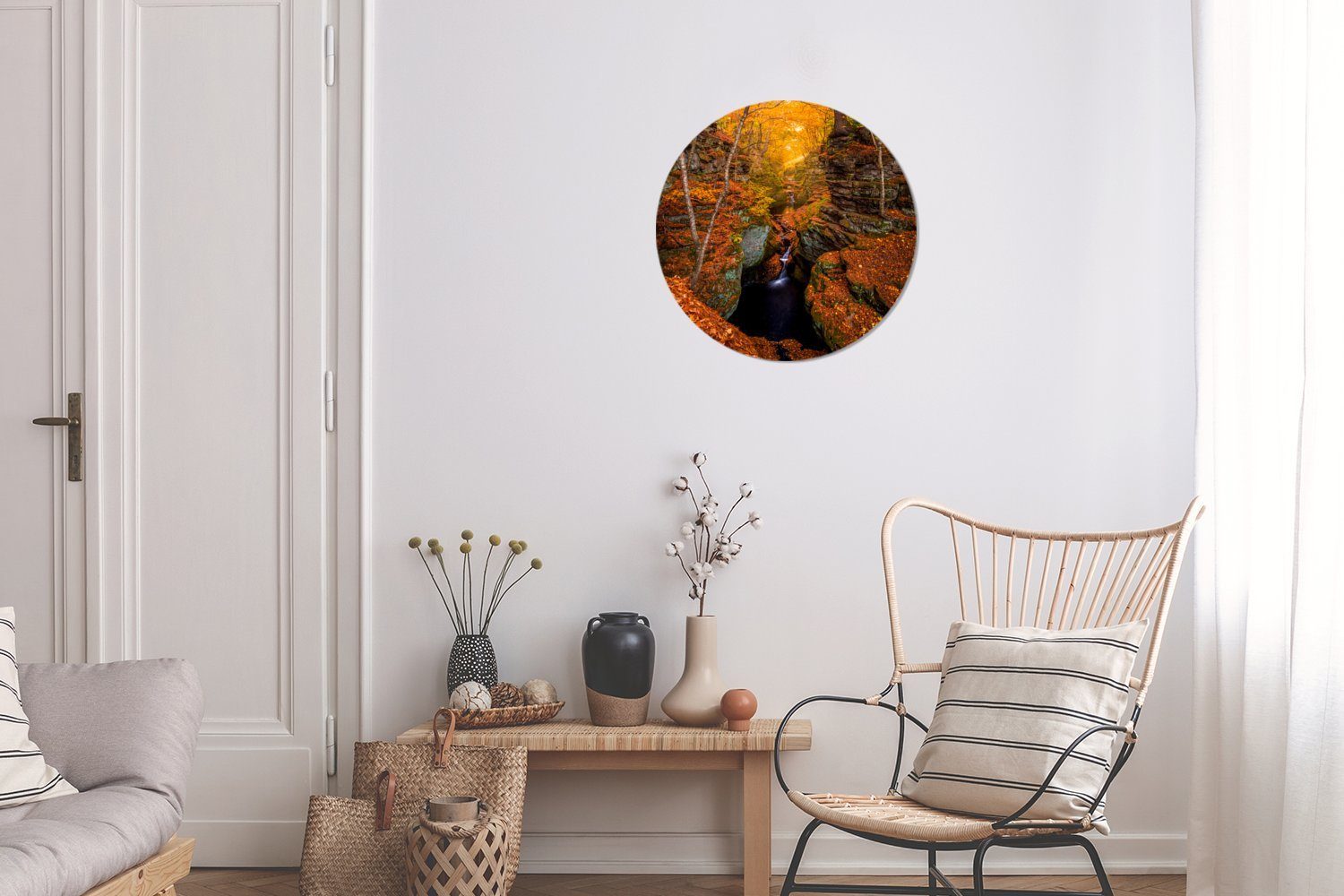 Kreis (1 Wanddekoration im St), Wasserfall Wandbild, Rundes MuchoWow Forex, Gemälde Herbst, cm 30x30 Wohnzimmer, Ein