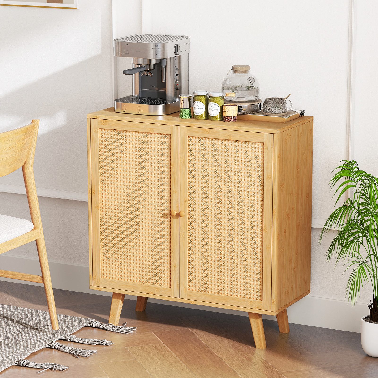 COSTWAY Küchenbuffet Sideboard Küchenschrank mit 2 Rattantüren, Bambus
