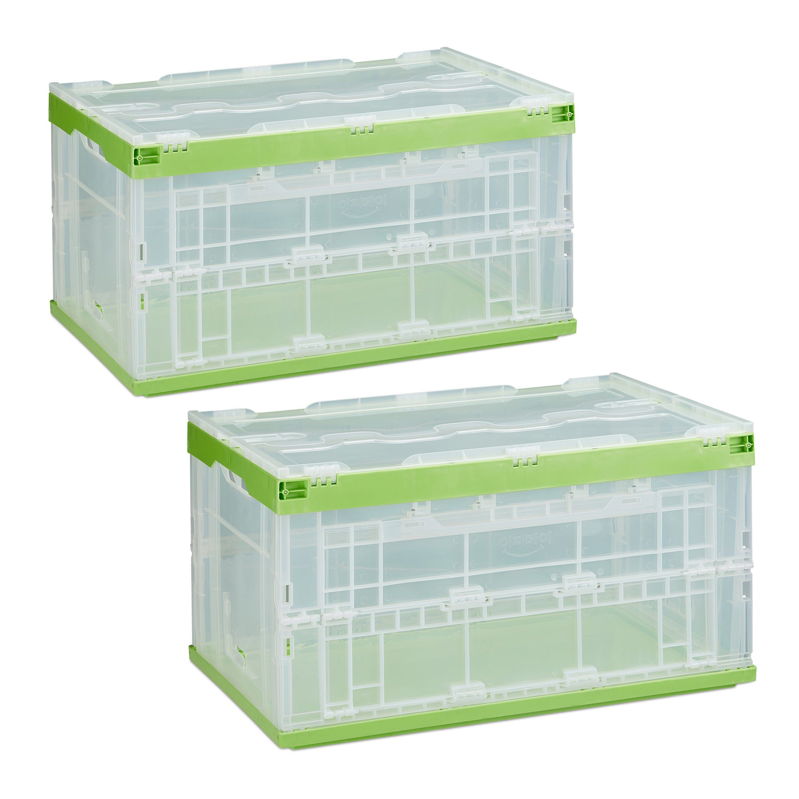 relaxdays Klappbox 2 x Transparente Transportbox mit Deckel