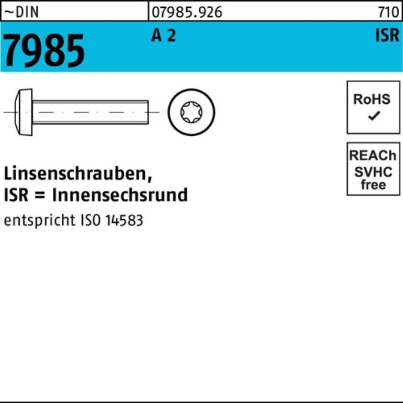 Reyher Linsenschraube 200er Pack Linsenschraube 2 DIN ISR Stück ~DIN 7985 200 M8x 45-T45 A