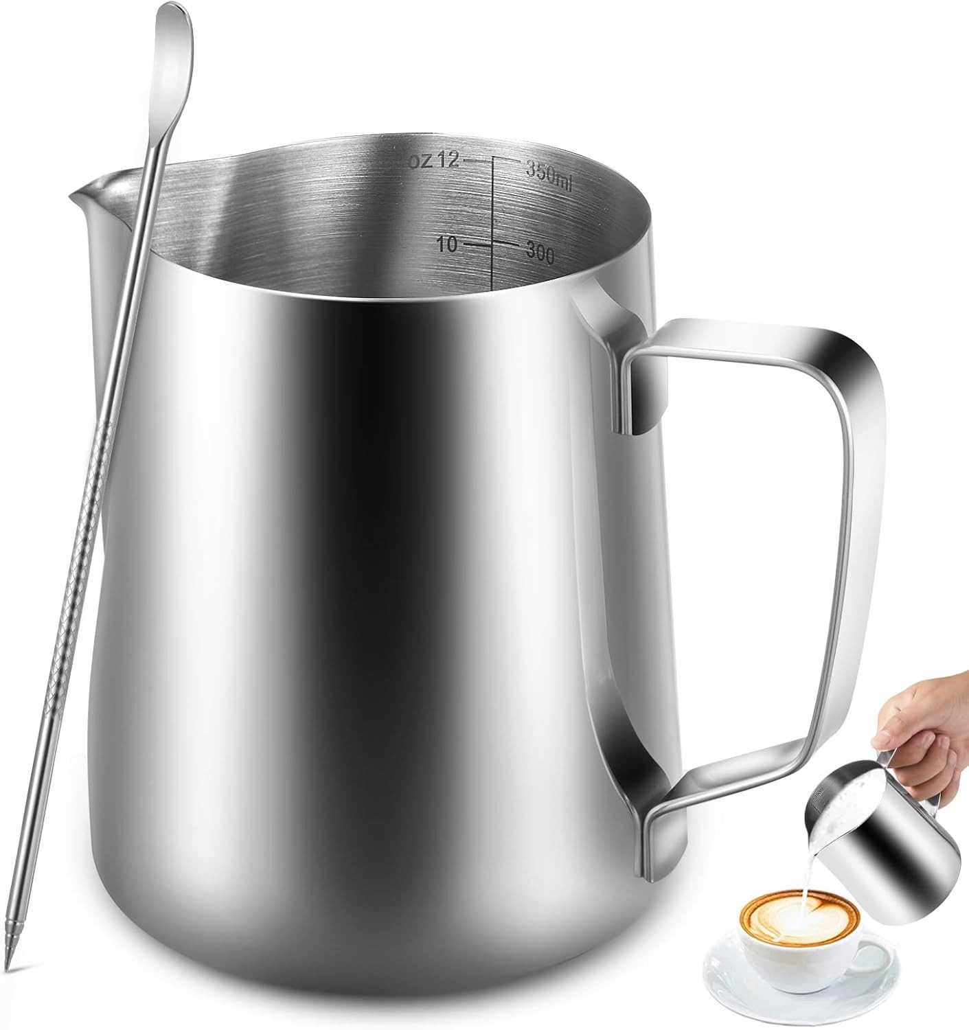 Refined Living Milchkännchen Handheld Edelstahl Aufschäumkännchen mit Latte-Art-Stift und Messskala, 350 l, (350/600 ml Milchkanne, Barista Milchaufschäumer, Barista Zubehör, Kaffee Creamer Milch Aufschäumer Kännchen Tasse, zum Milch Aufschäumen, Rostfrei