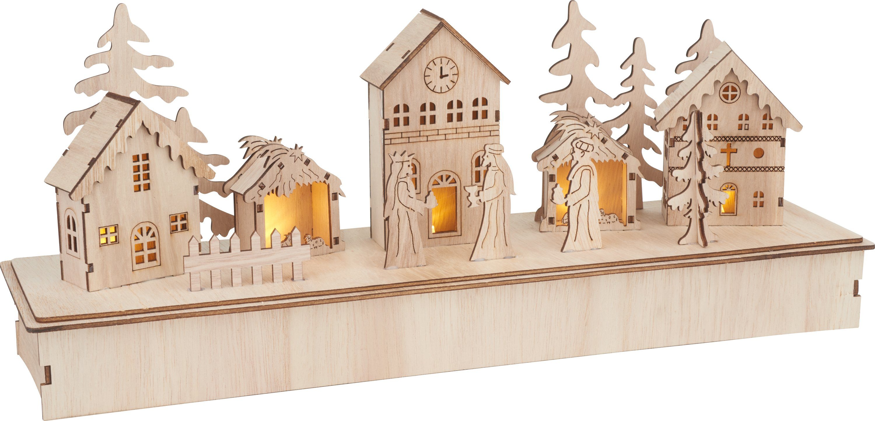 VBS Dekoobjekt »VBS Holz-Weihnachtsdorf 'Heilige Drei Könige', ink«, inkl LED, 44 cm x 12 cm x 