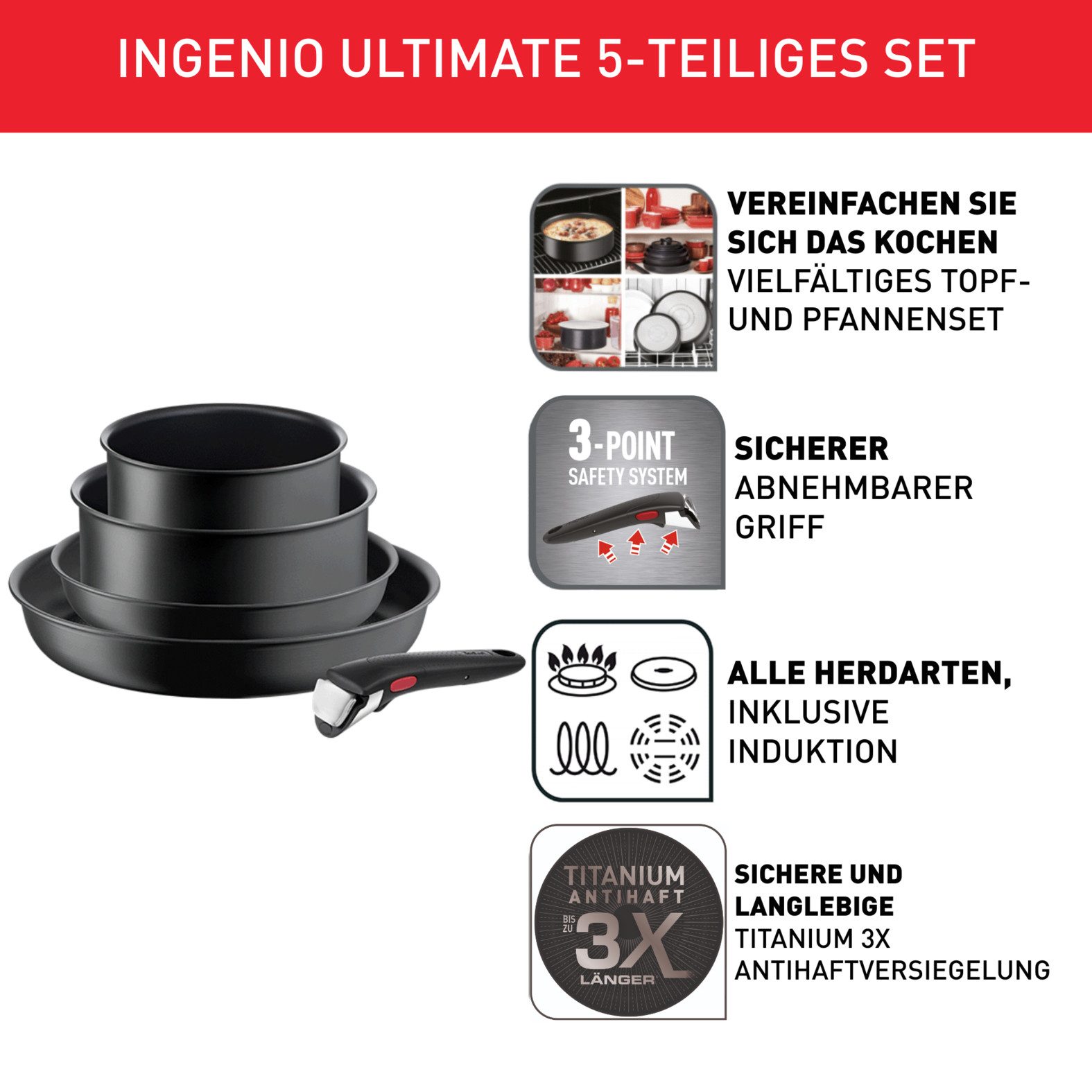 Tefal Topf-Set Ingenio Ultimate, Topf und Pfannenset abnehmbarer Griff, stapelbar, Aluminium (Set, 5-tlg., 2x Kasserollen Ø 16/20 cm, 2x Pannen Ø 22/28 cm, 1x abnehmbarer Griff), platzsparend, Pfannenset Induktion mit Antihaftversiegelung, L76495