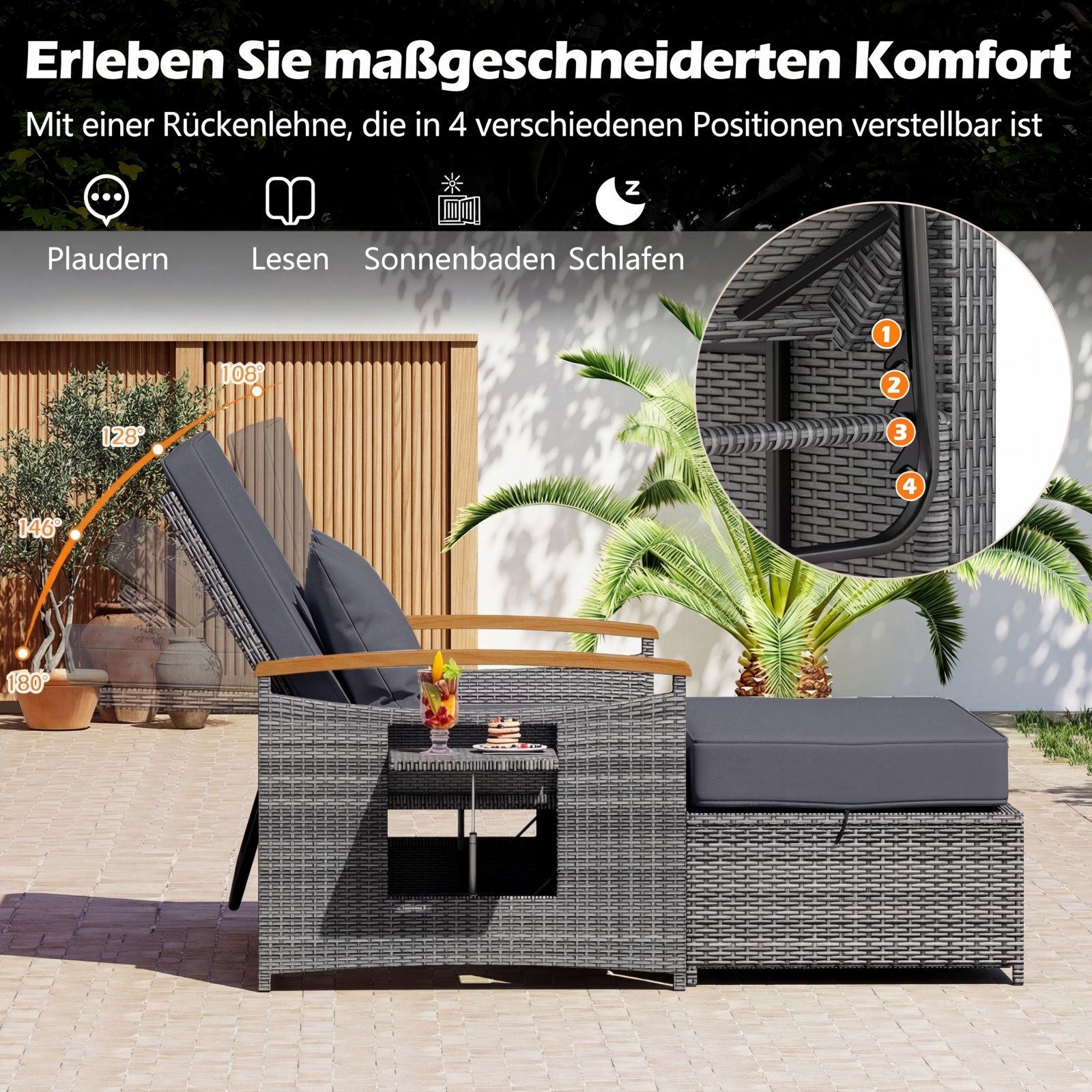 COSTWAY Loungebett outdoor, Rattan, 2-Personen, Gartenliege mit verstellbarer Rückenlehne