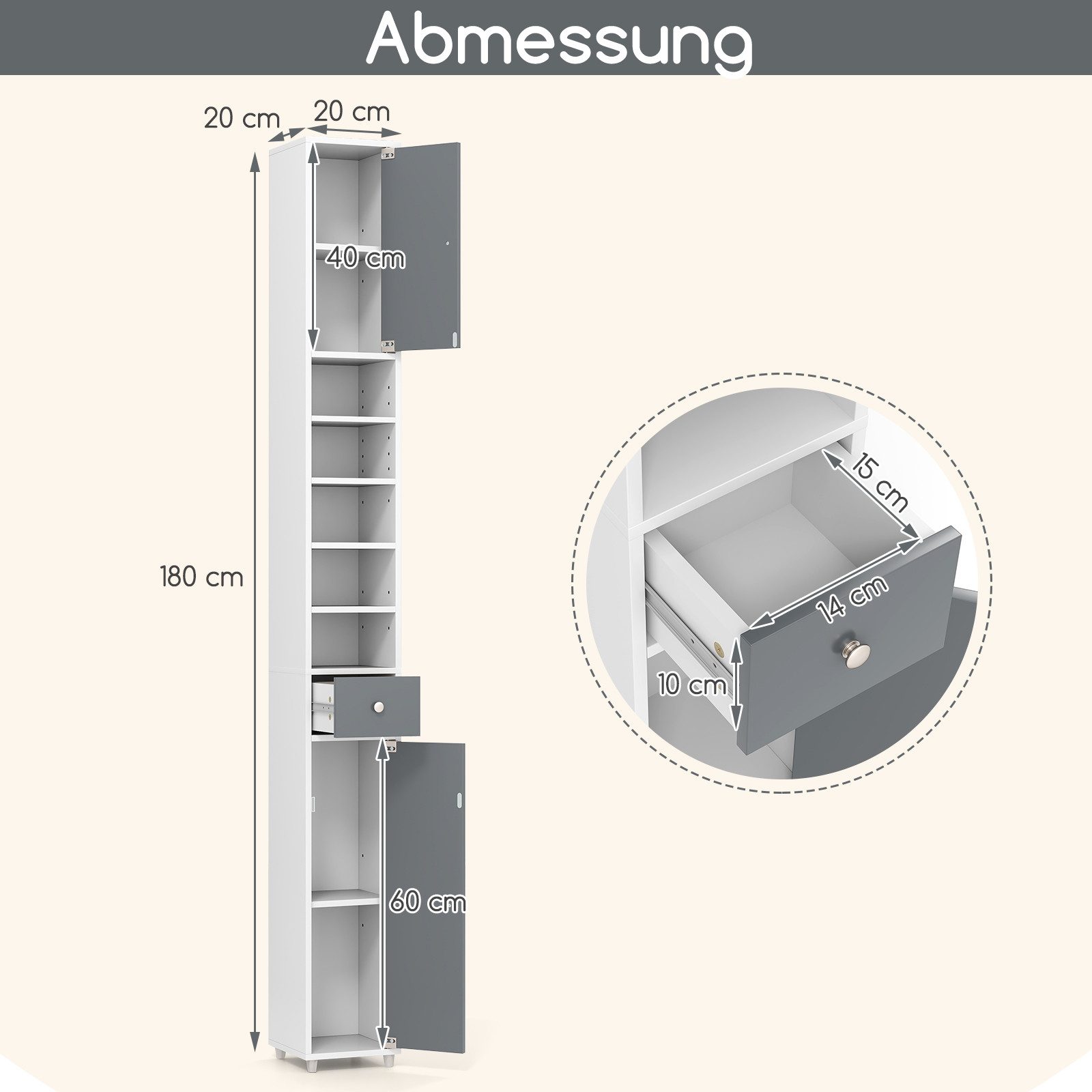 COSTWAY Hochschrank Badschrank schmal, mit Schublade, Türen & 9 Fächern, 180cm weiß – Bild 5 von 5