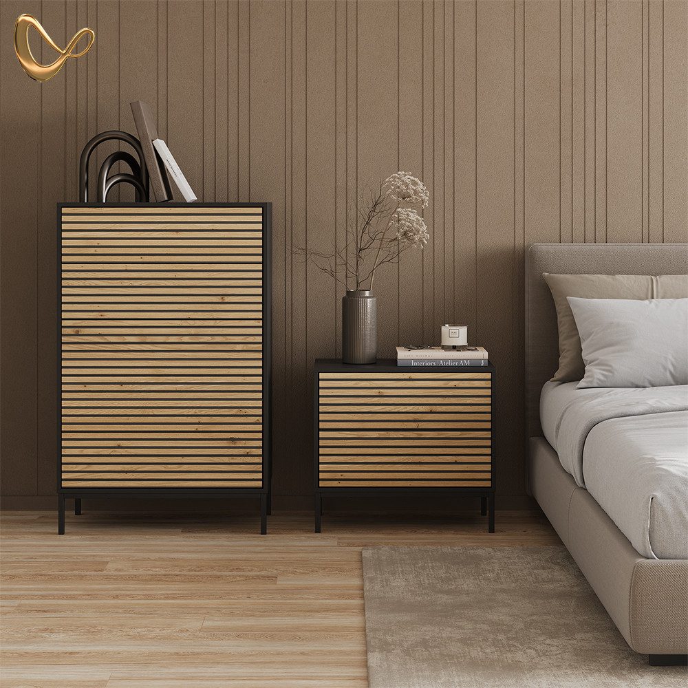 Livinity® Kommode Aterno, Goldkraft Eiche/Anthrazit/Anthrazit, mit 5 Schubladen (1 St)