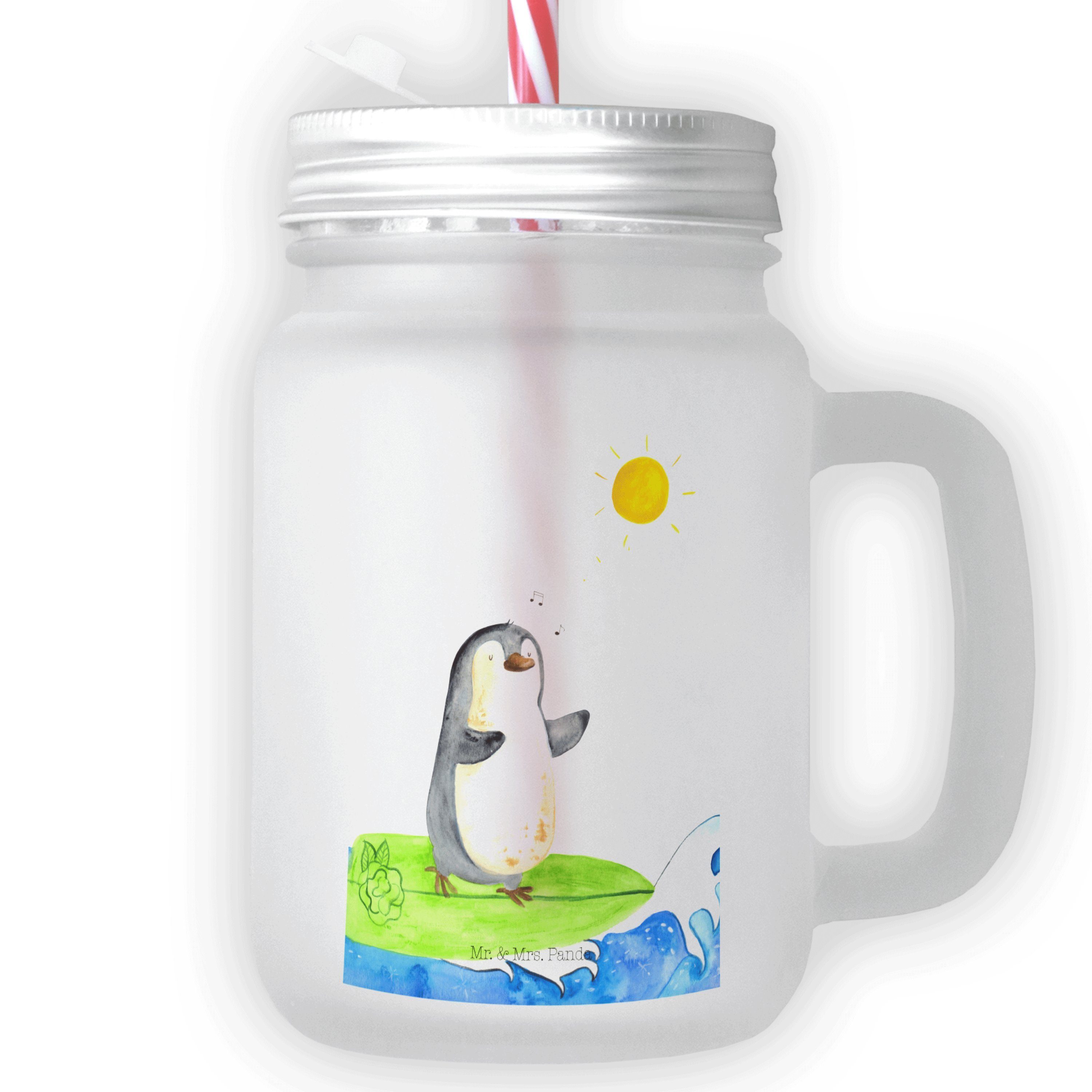 Mr. & Mrs. Panda Glas Pinguin Surfer - Transparent - Geschenk, Hawaii, Cocktailglas, Urlaub, Premium Glas