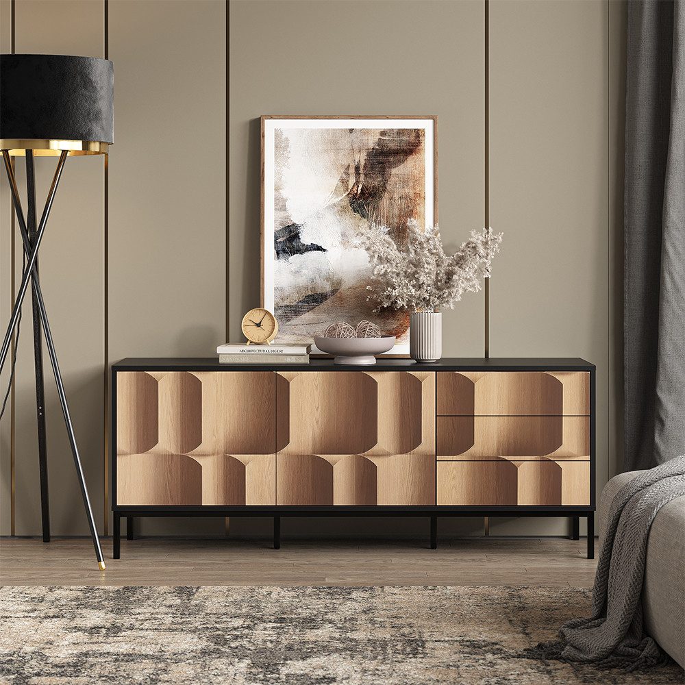 Vicco Lowboard Eliza, Schwarz/Eiche, 150 x 60 cm mit 3 Schubladen günstig online kaufen