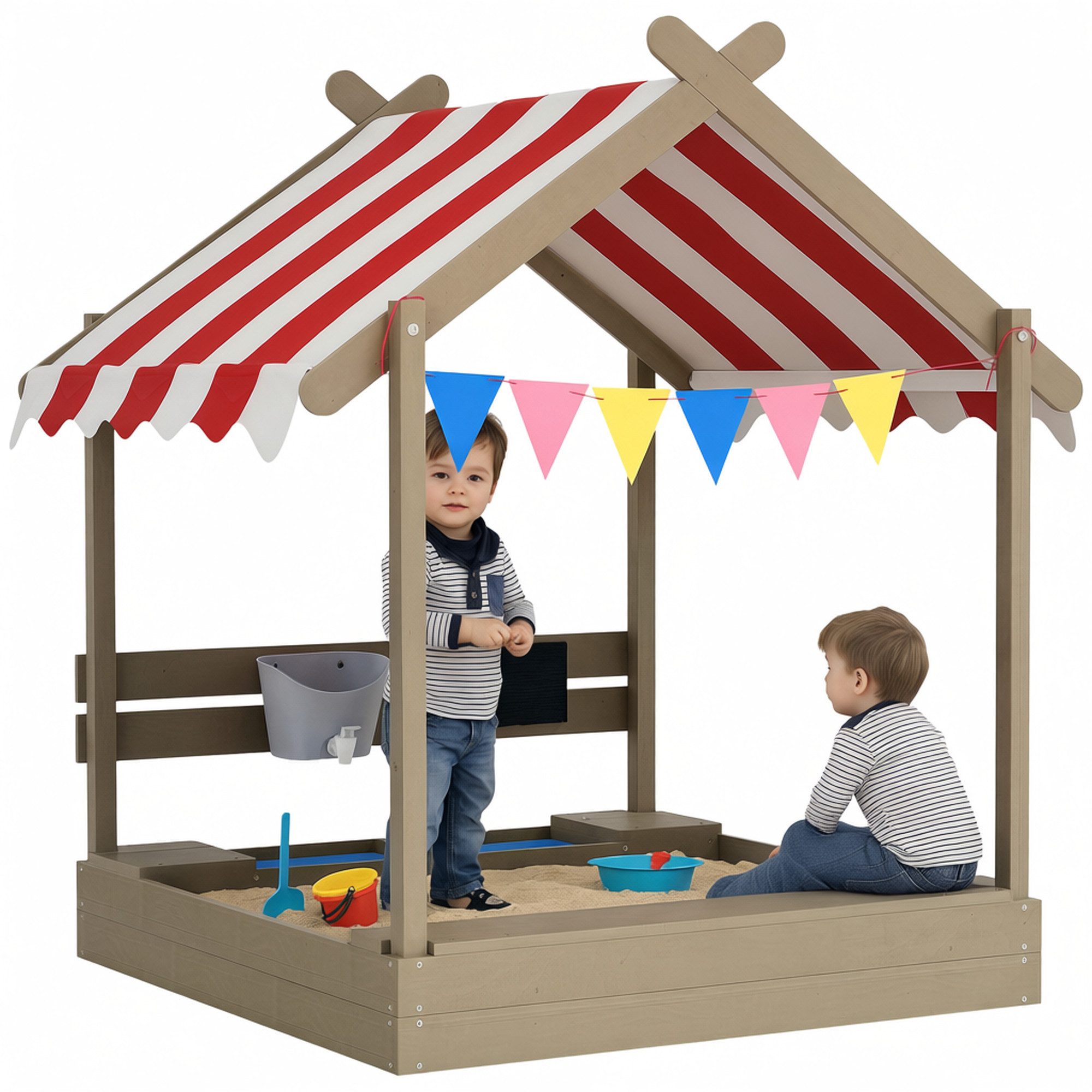 Outsunny Sandkasten Sandkiste mit Dach, aus Holz mit Sitzplatz, Garten, grau, (Spielhaus, 1-tlg., Sandbox mit Tafel), für 3-7 Jahre Kinder, 124 x 116 x 146 cm