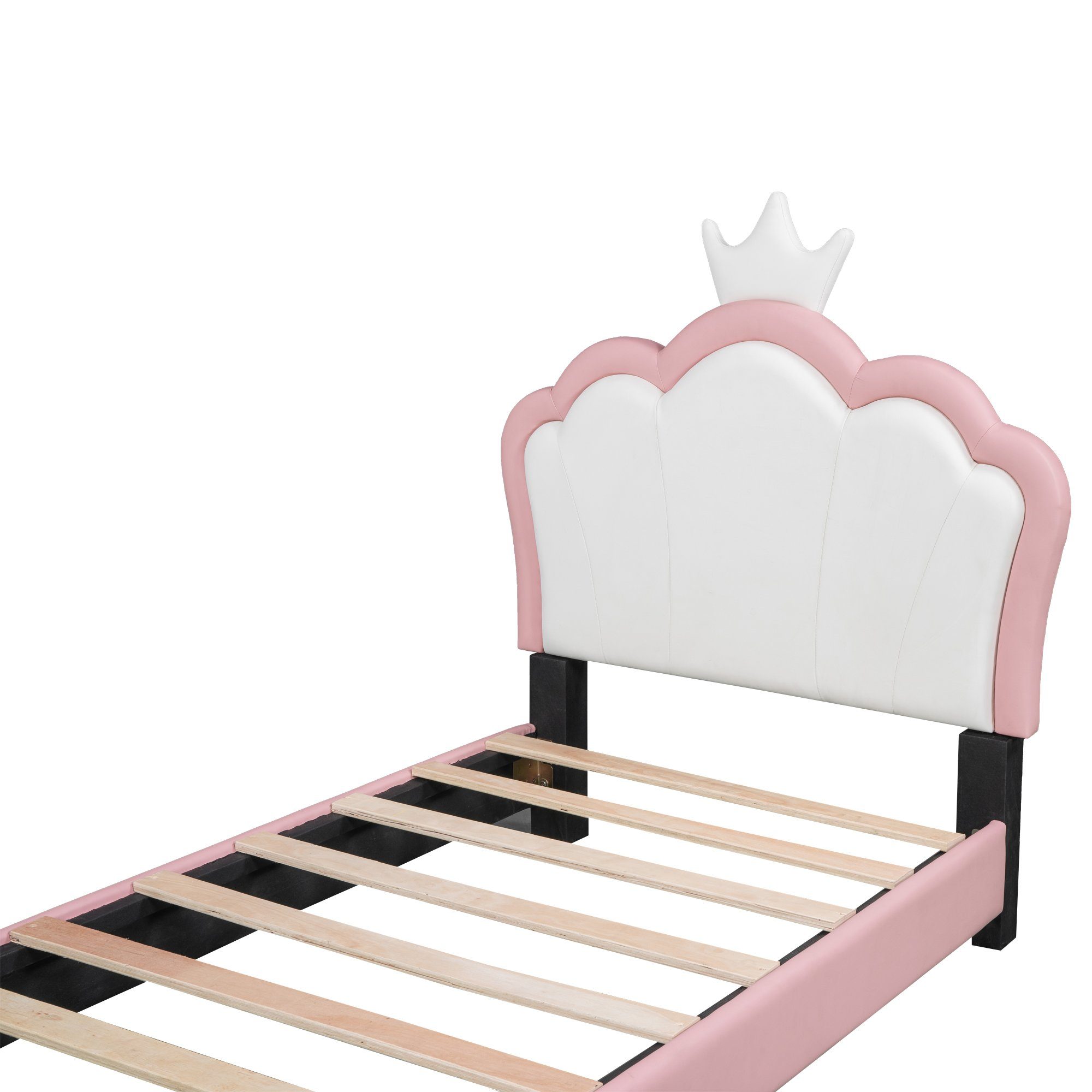 Flieks Polsterbett, Kinderbett mit Kroneform rosa Kunstleder Kopfteil 90x200cm