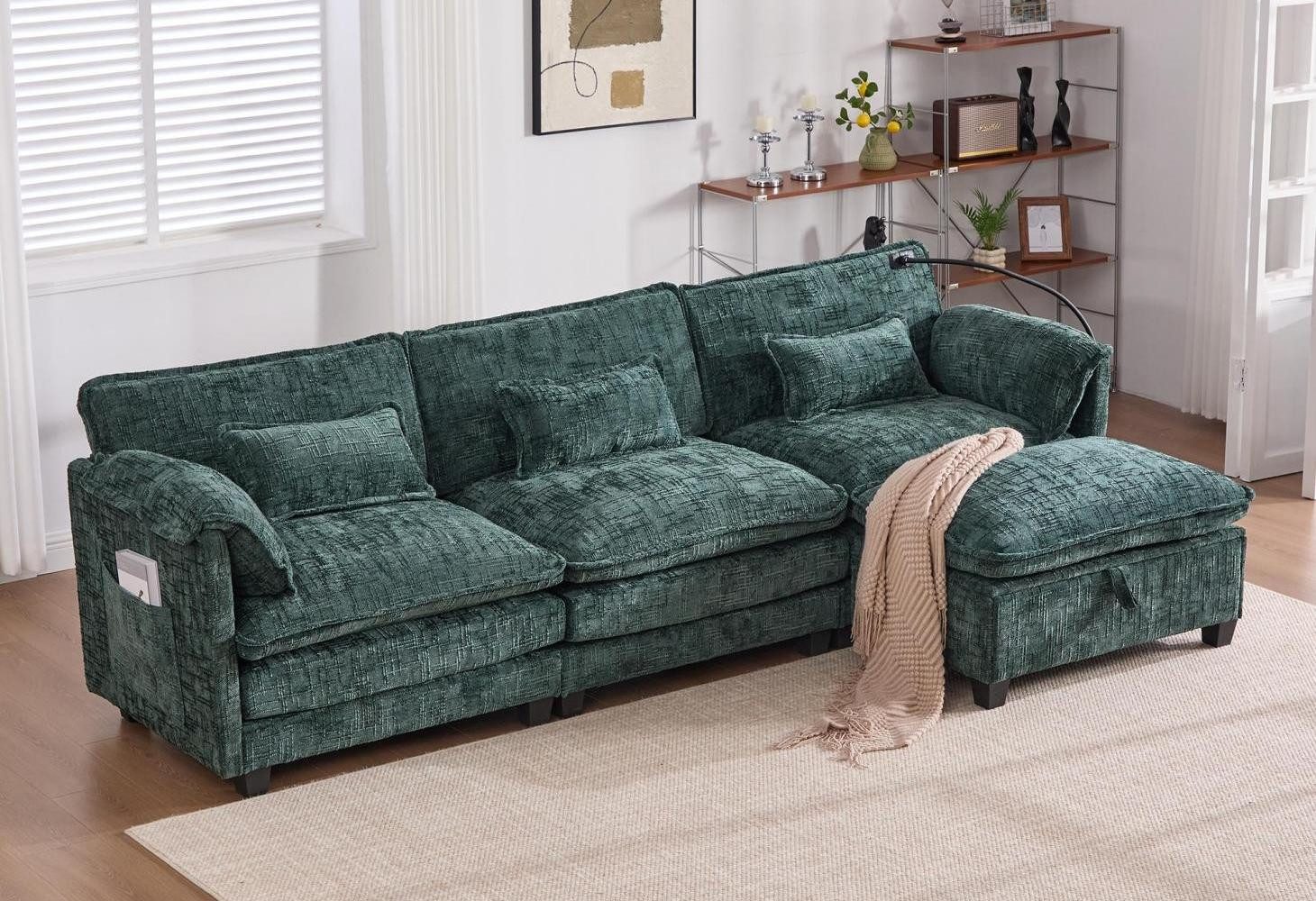 LVHOM Wohnlandschaft gepolstertes L-förmig-Ecksofa/Loungesofa. Sitzbank(Hocker)mit Stauraum, 4-Sitzer, USB/Type-C-Anschluss, Handyhalter, Seitentaschen, Stützschaum + Komfort-Memory, 3 Zierkissen + 2 Armlehnenkissen, Chenille-weich, beweglicher Fußhocker links- oder rechtsseitig nutzbar, bis 350 kg für Haus/Wohnzimmer/Homeoffice
