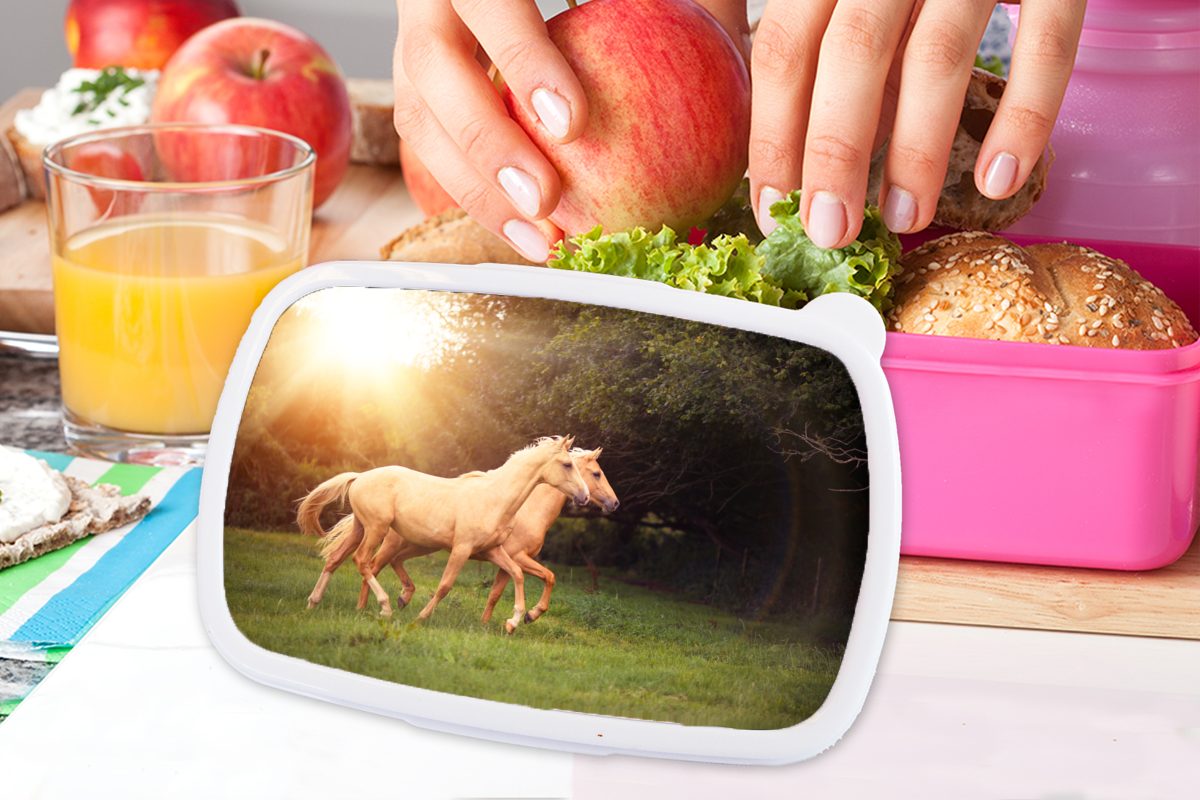 MuchoWow Lunchbox Pferde Wald für Brotbox Kunststoff Erwachsene, Kinder, Snackbox, (2-tlg), - Sonne, rosa Mädchen, - Brotdose Kunststoff