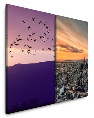 Sinus Art Leinwandbild 2 Bilder je 60x90cm Vogelschwarm Paris Frankreich Horizont Abendröte Ausblick Vögel